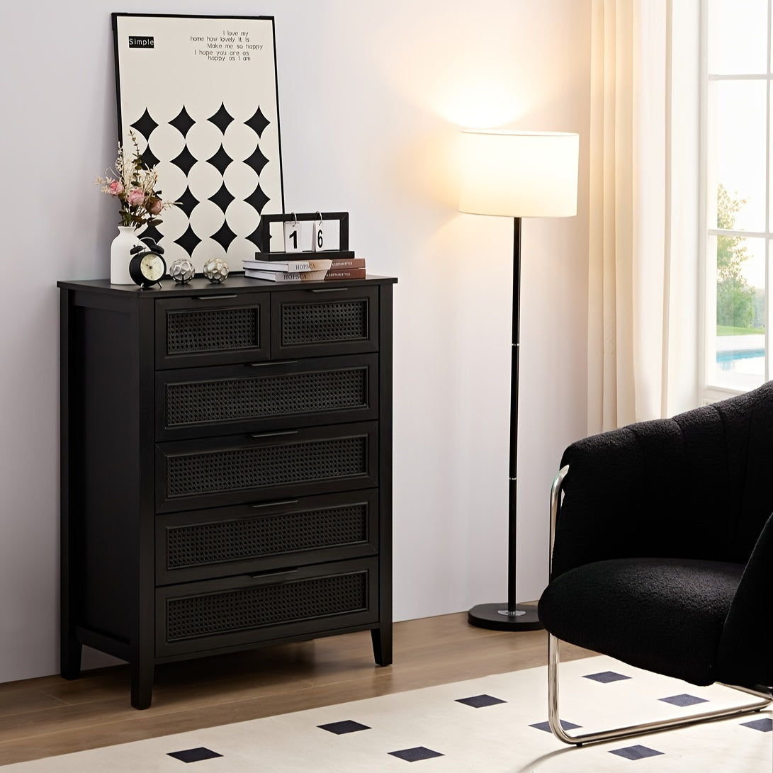 Black 6 Drawers Dresser, Dressing Table For Bedroom, Rattan Dresser For Household Storage And Organizing Tools, Tall Storage Cabinet For Studio, 6 Chest Of Drawers Cabinet For Living Room, Hallway