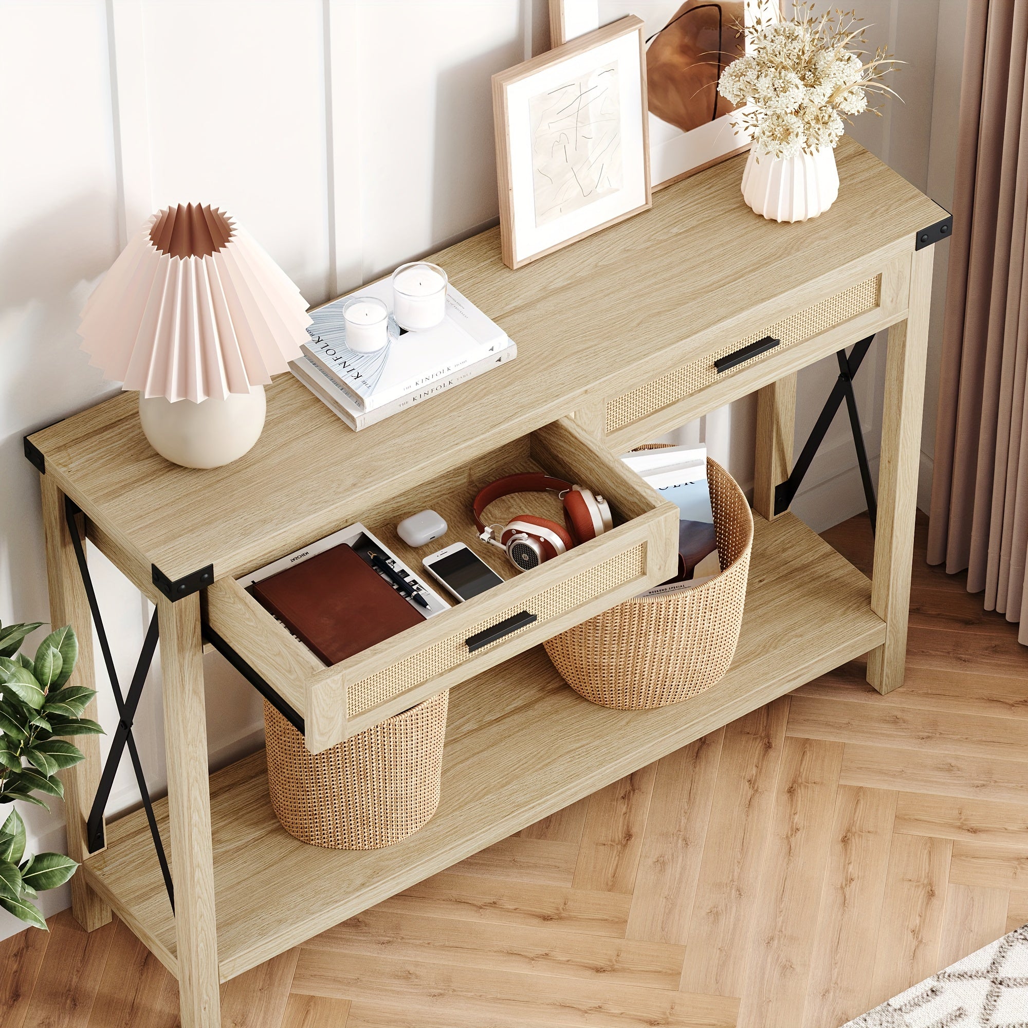 Boho Entryway Table With Rattan Drawers, Console Table For Entryway, 109 cm Wood Sofa Table With Storage For Living Room, Hallway, Foyer