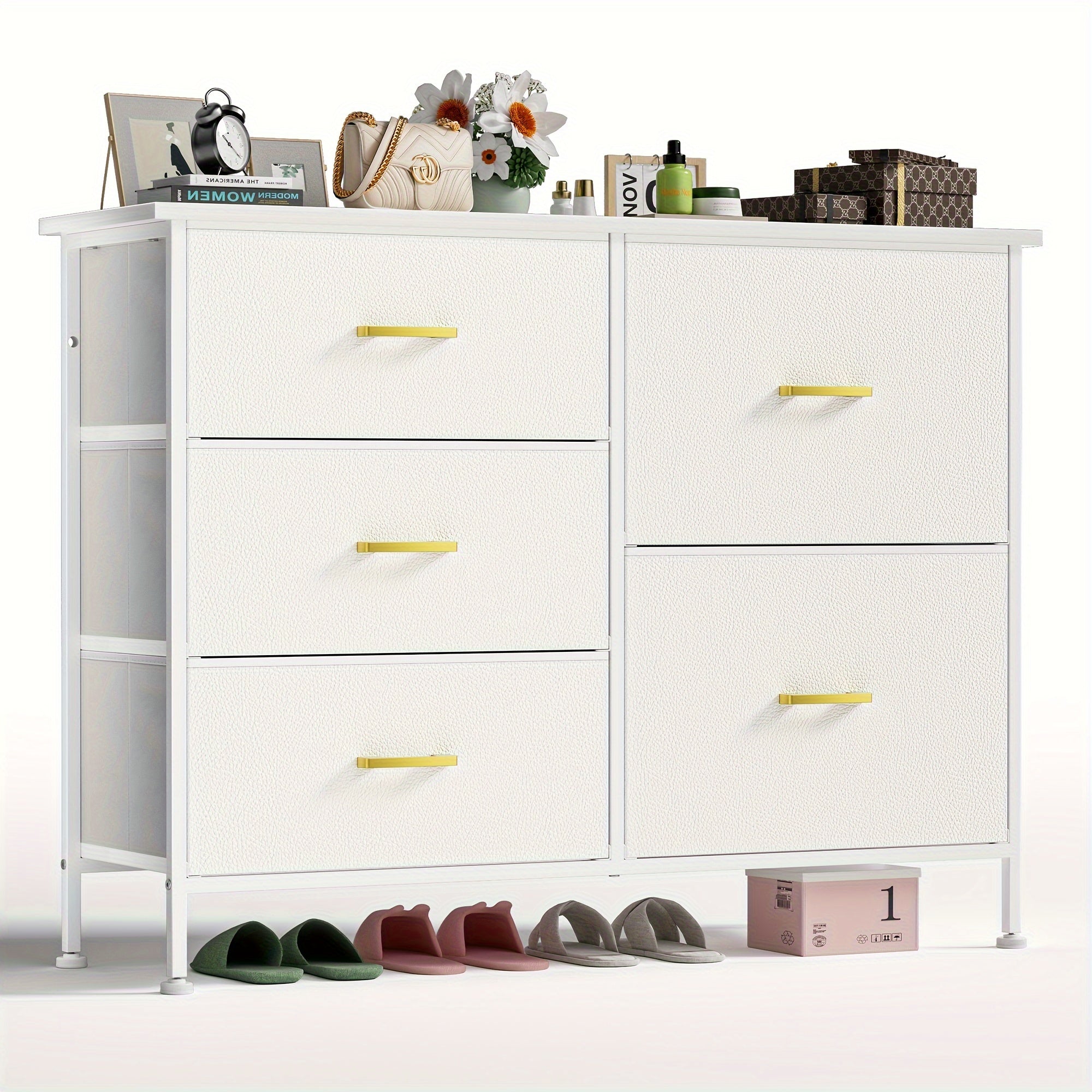 5/8/9 Drawers Dresser For Bedroom, White Dresser With Fabric Drawers, Chest Of Drawers With PU Finish, Metal Handle, Storage Organizer Unit For Closet, Living Room, Tv Stand Up To 43'', White