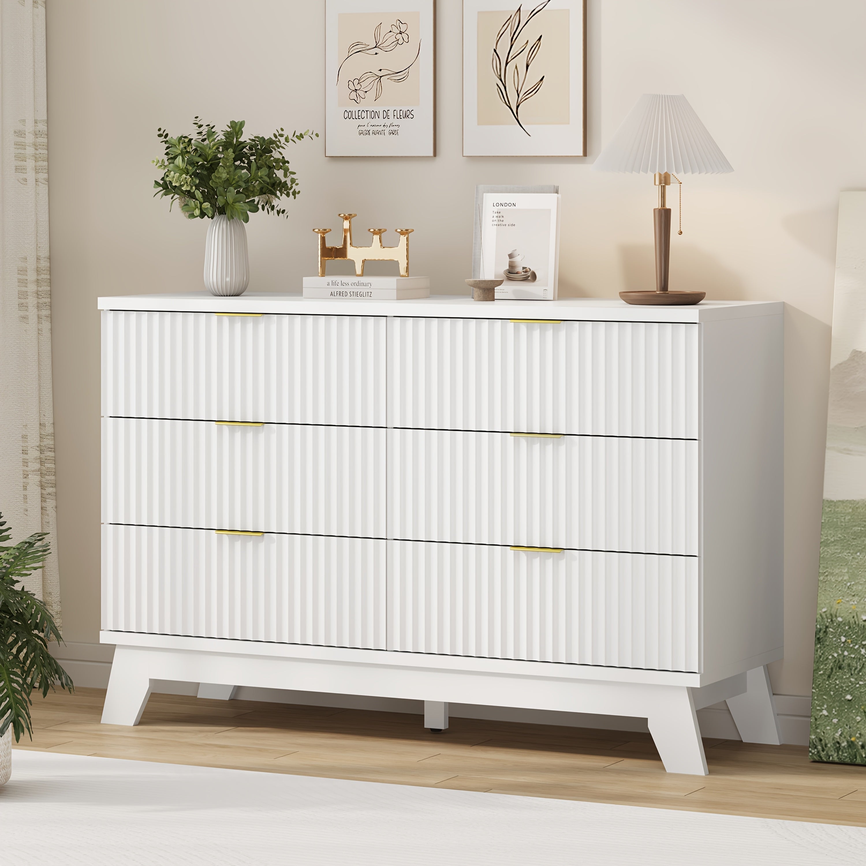 Elegant 6-Drawer Fluted Dresser in Pure White - Modern Chest of Drawers with Golden Metal Handles, 48" Wide, Hardwood Construction, Ideal for Bedroom & Living Room Storage, Living Room Furniture|Elegant Furniture Piece|Handle