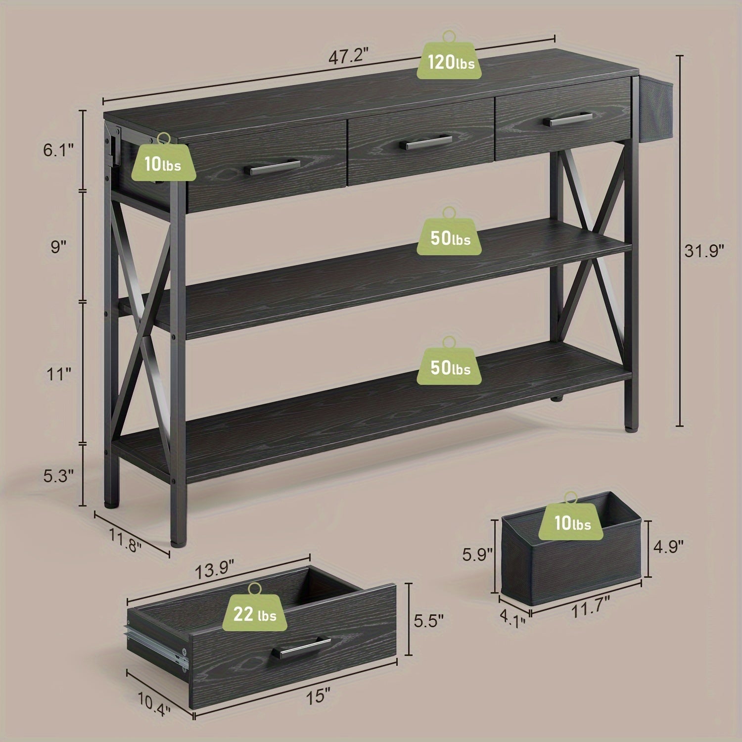 Functional 119.4 cm Console Table, Industrial Entryway Design With 3 Drawers And 3-Tier Storage Shelves - Perfect Narrow Sofa Table For Your Hallway, Living Room, Or Kitchen