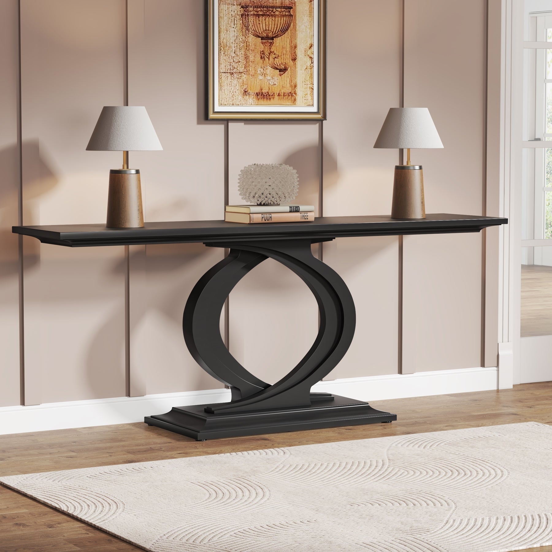 150 cm Console Table, Wood Narrow Sofa Table with Double Arc Base