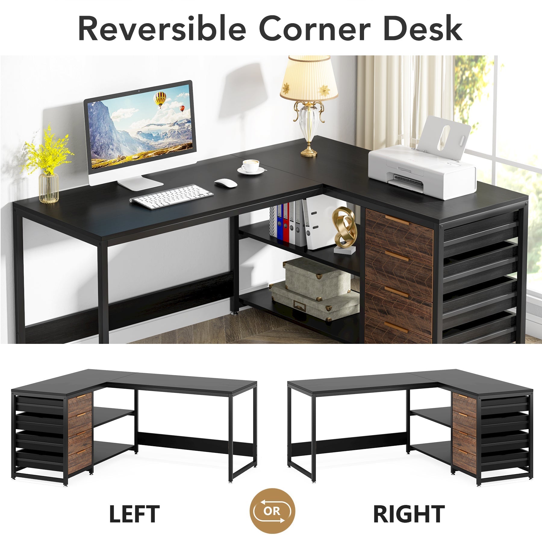 150 cm L-Shaped Desk, Reversible Corner Desk with Drawers & Shelves