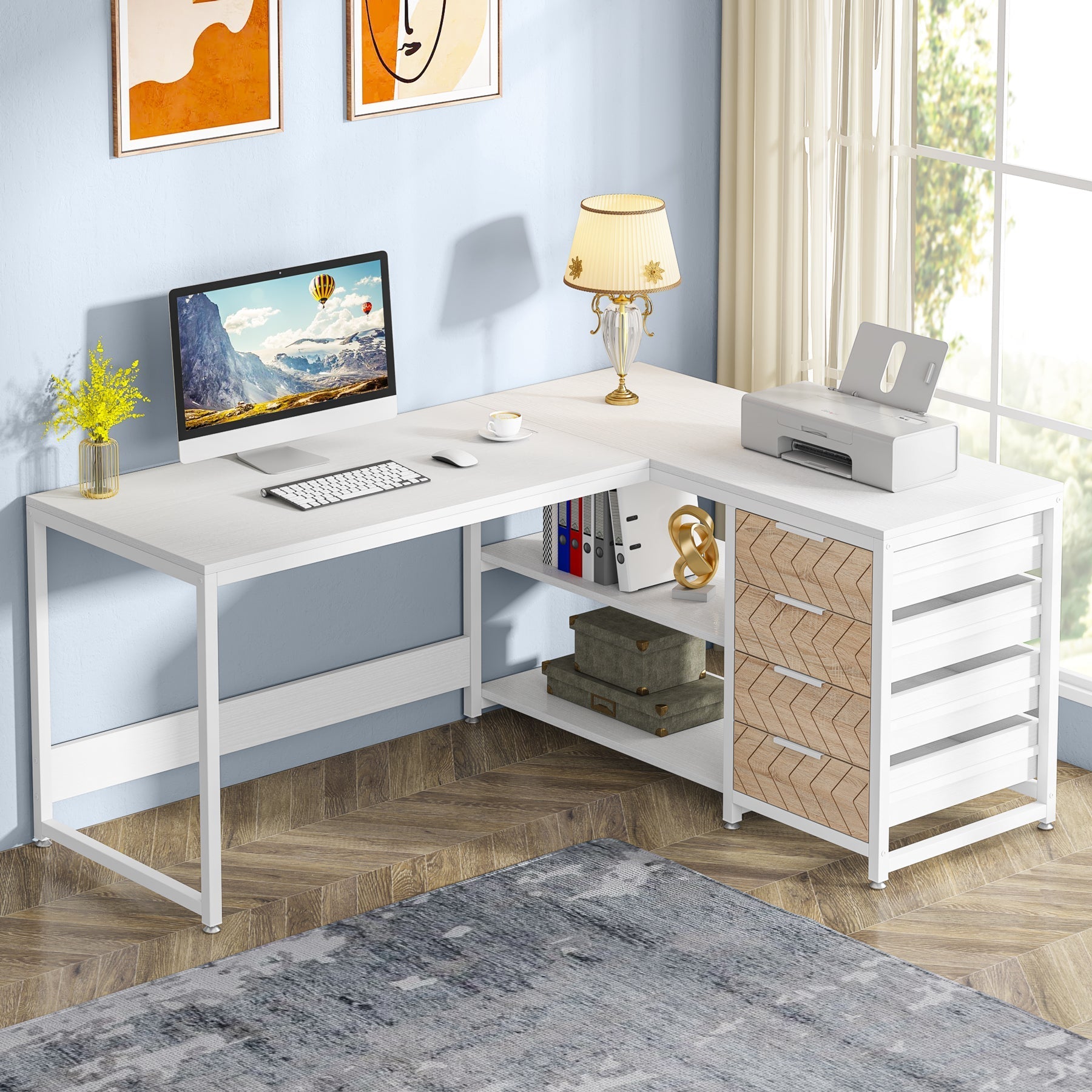 150 cm L-Shaped Desk, Reversible Corner Desk with Drawers & Shelves