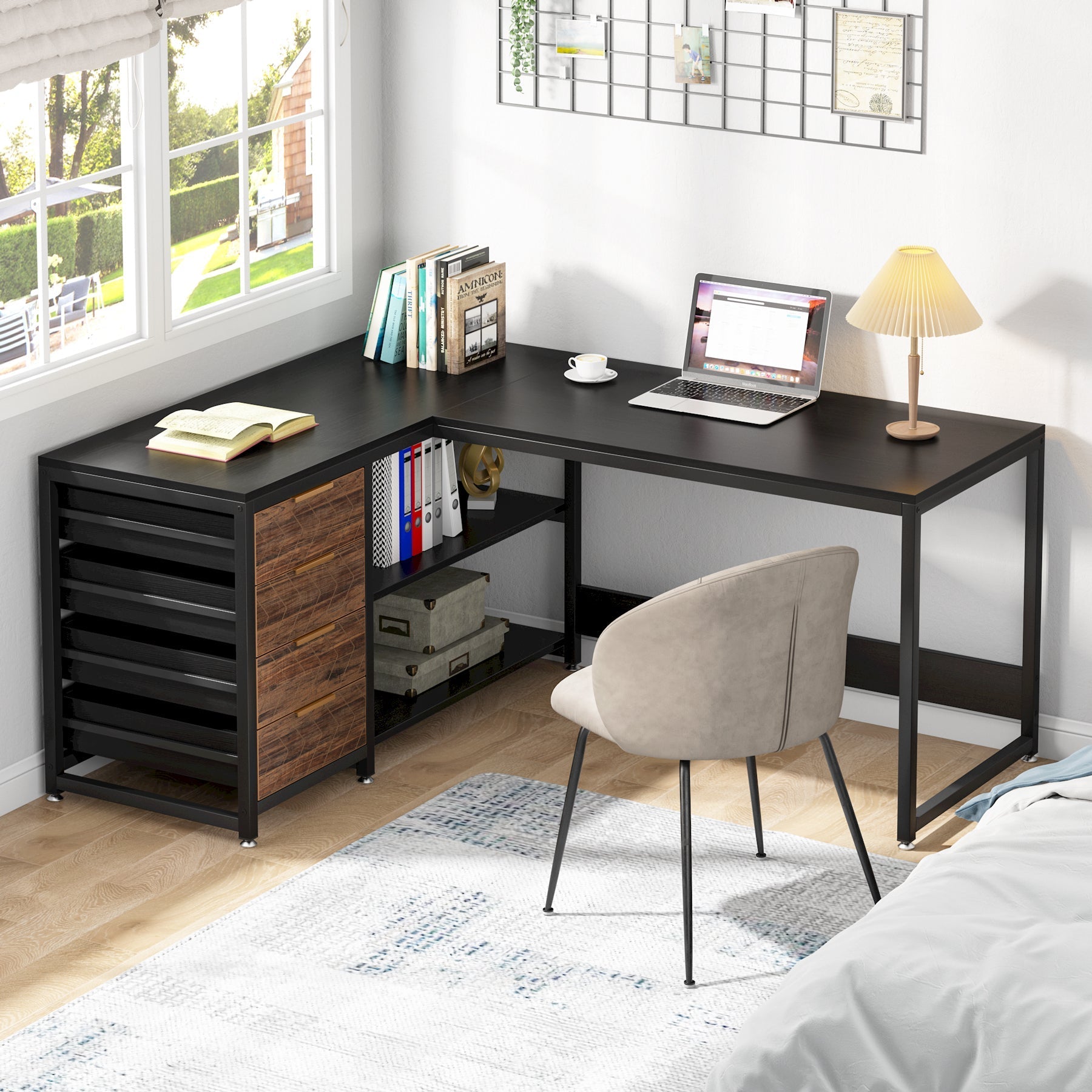 150 cm L-Shaped Desk, Reversible Corner Desk with Drawers & Shelves