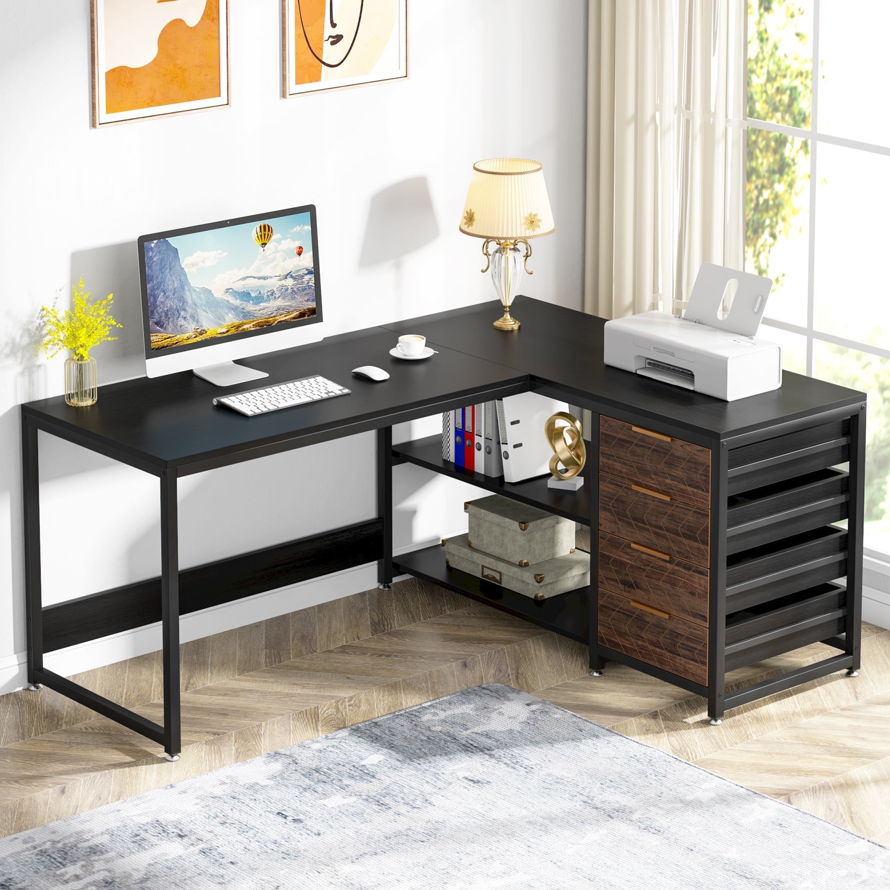 150 cm L-Shaped Desk, Reversible Corner Desk with Drawers & Shelves