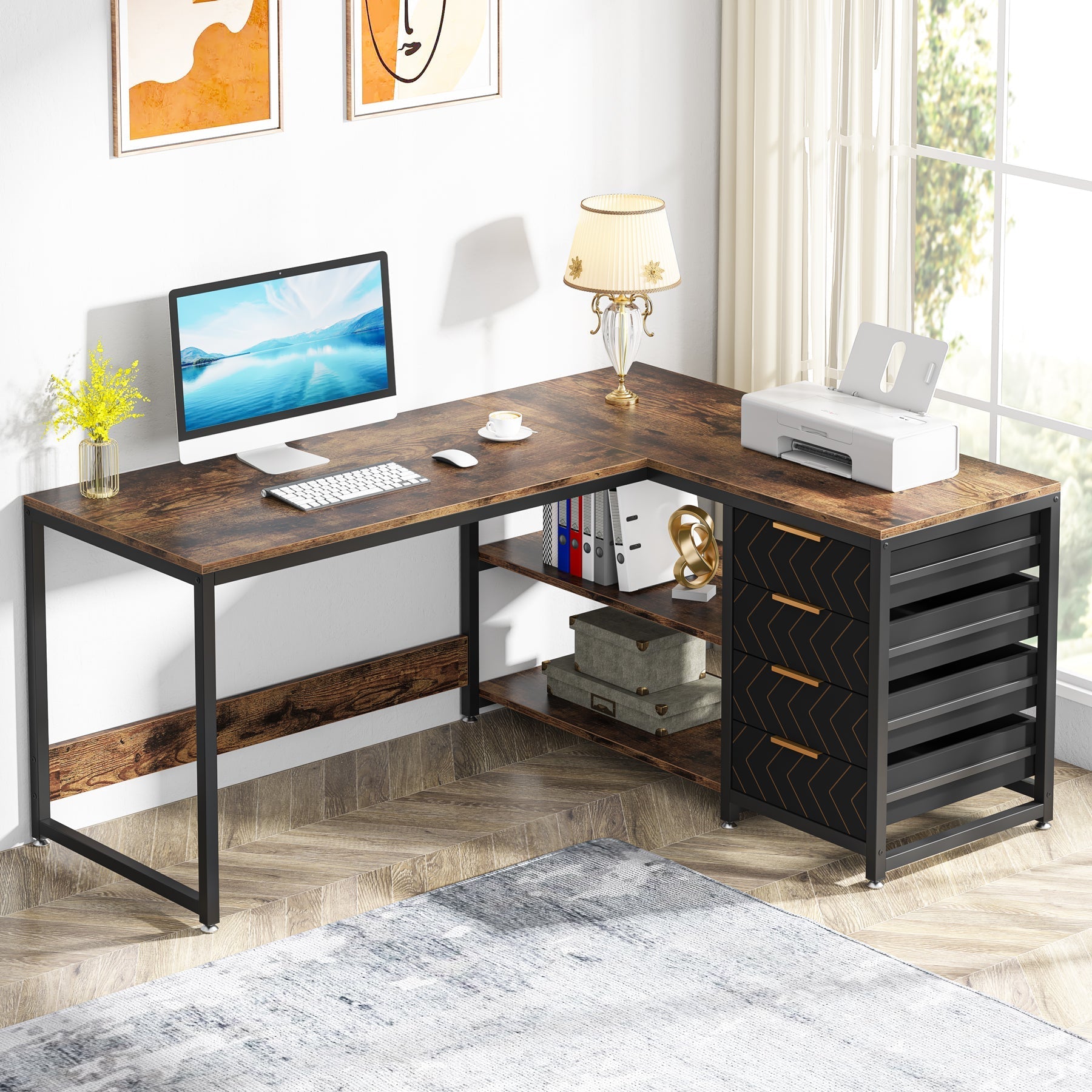 150 cm L-Shaped Desk, Reversible Corner Desk with Drawers & Shelves