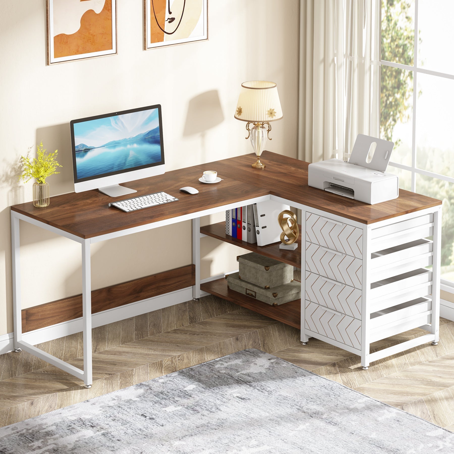 150 cm L-Shaped Desk, Reversible Corner Desk with Drawers & Shelves