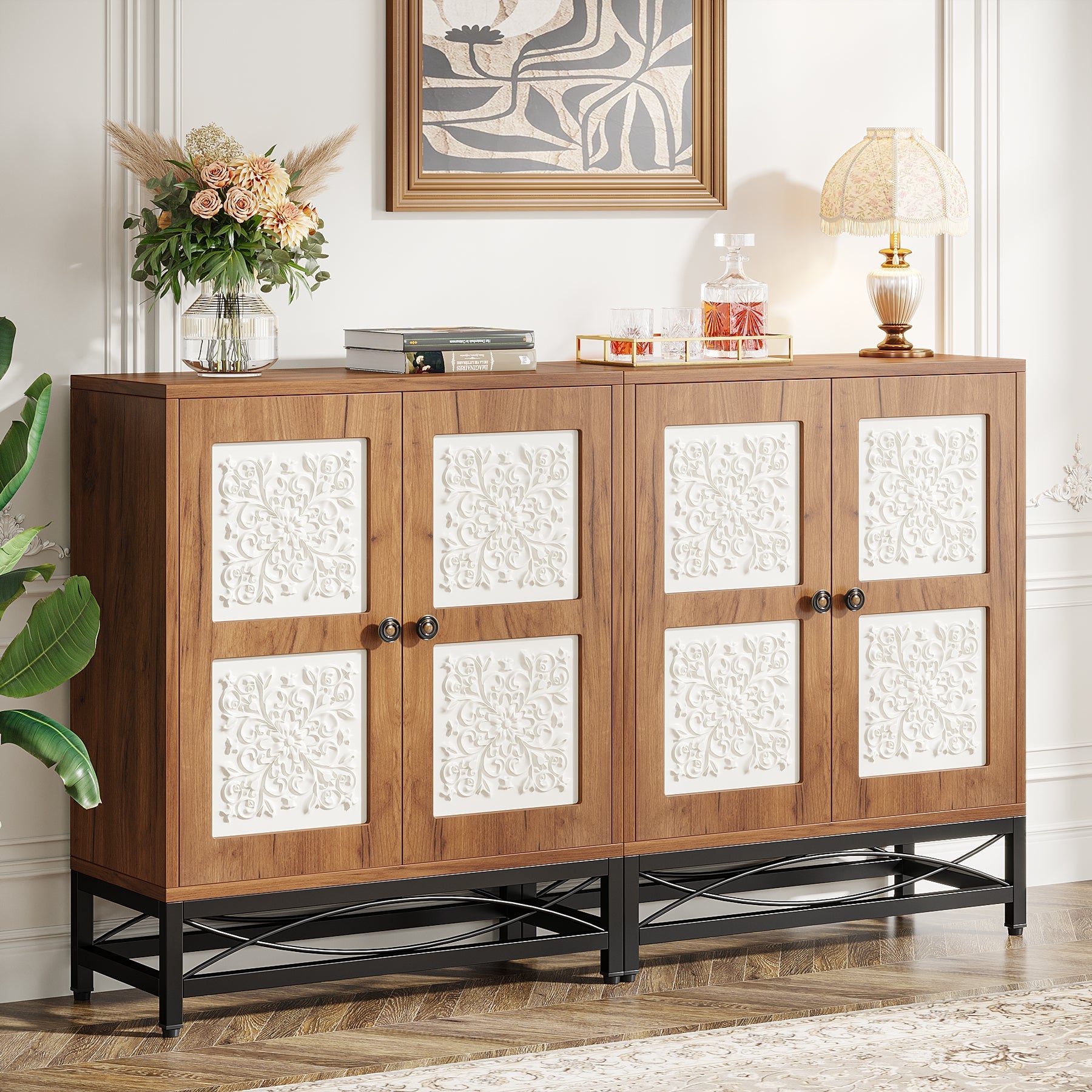 150 cm Sideboard Buffet Cabinet with Storage Shelves and Carved Design Doors