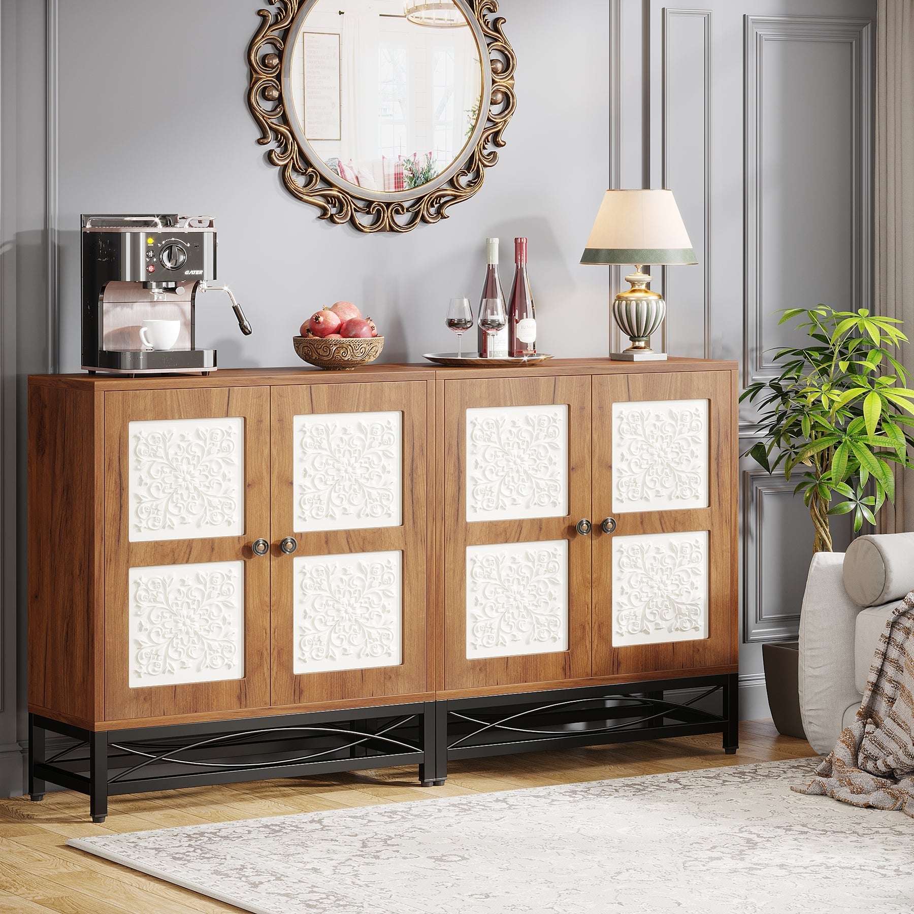 150 cm Sideboard Buffet Cabinet with Storage Shelves and Carved Design Doors