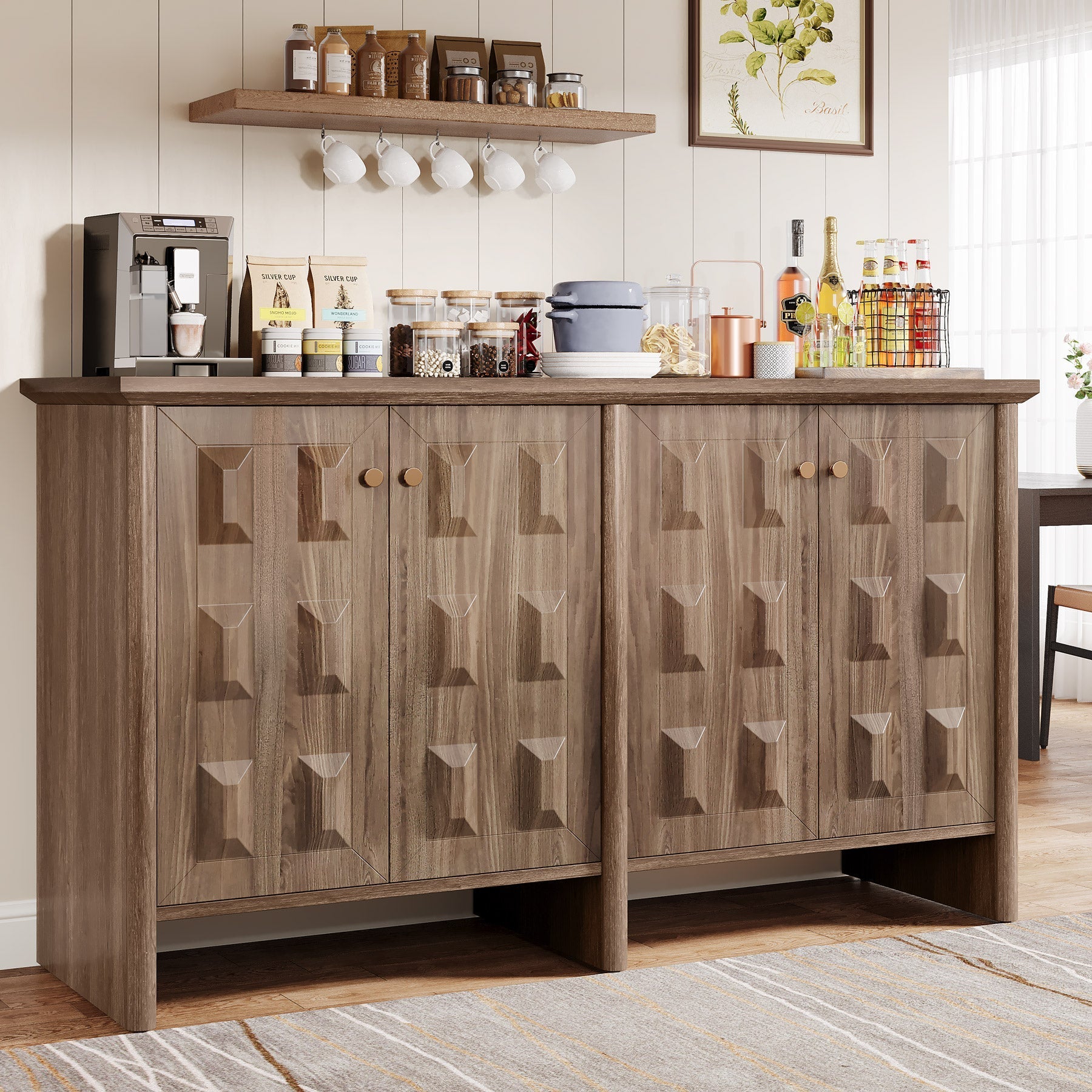 150 cm Sideboard Buffet, Console Cabinet Credenzas Coffee Bar Cabinet with Adjustable Shelf