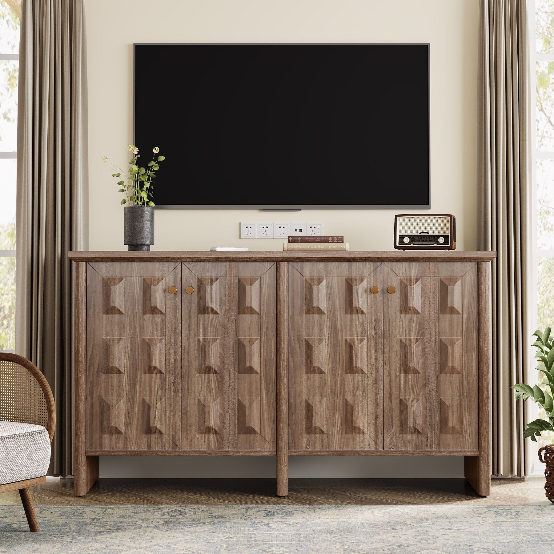 150 cm Sideboard Buffet, Console Cabinet Credenzas Coffee Bar Cabinet with Adjustable Shelf