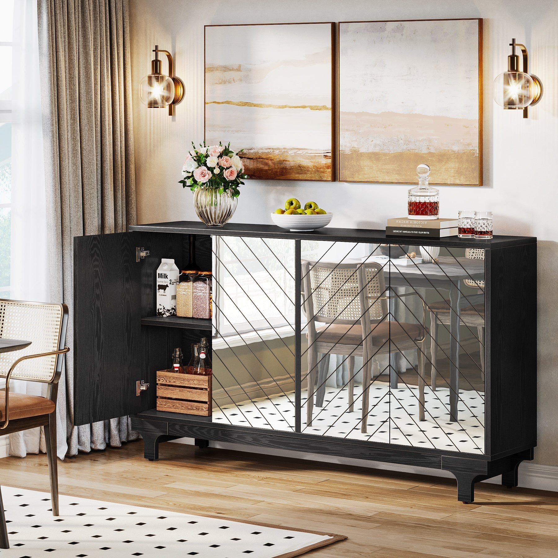 150 cm Sideboard Buffet, Modern Credenzas Storage Cabinet with 4 Acrylic Mirror Doors