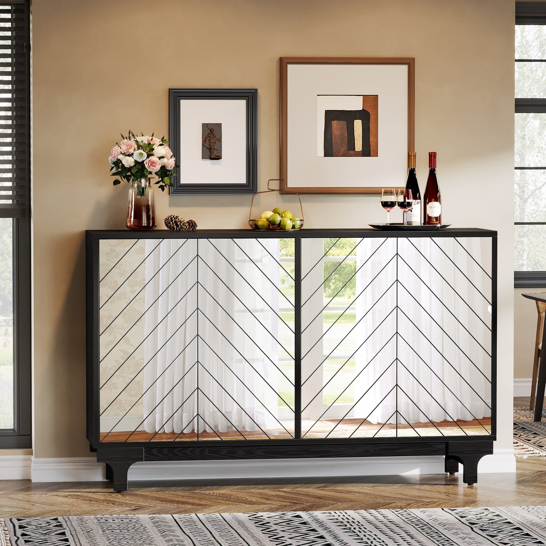 150 cm Sideboard Buffet, Modern Credenzas Storage Cabinet with 4 Acrylic Mirror Doors