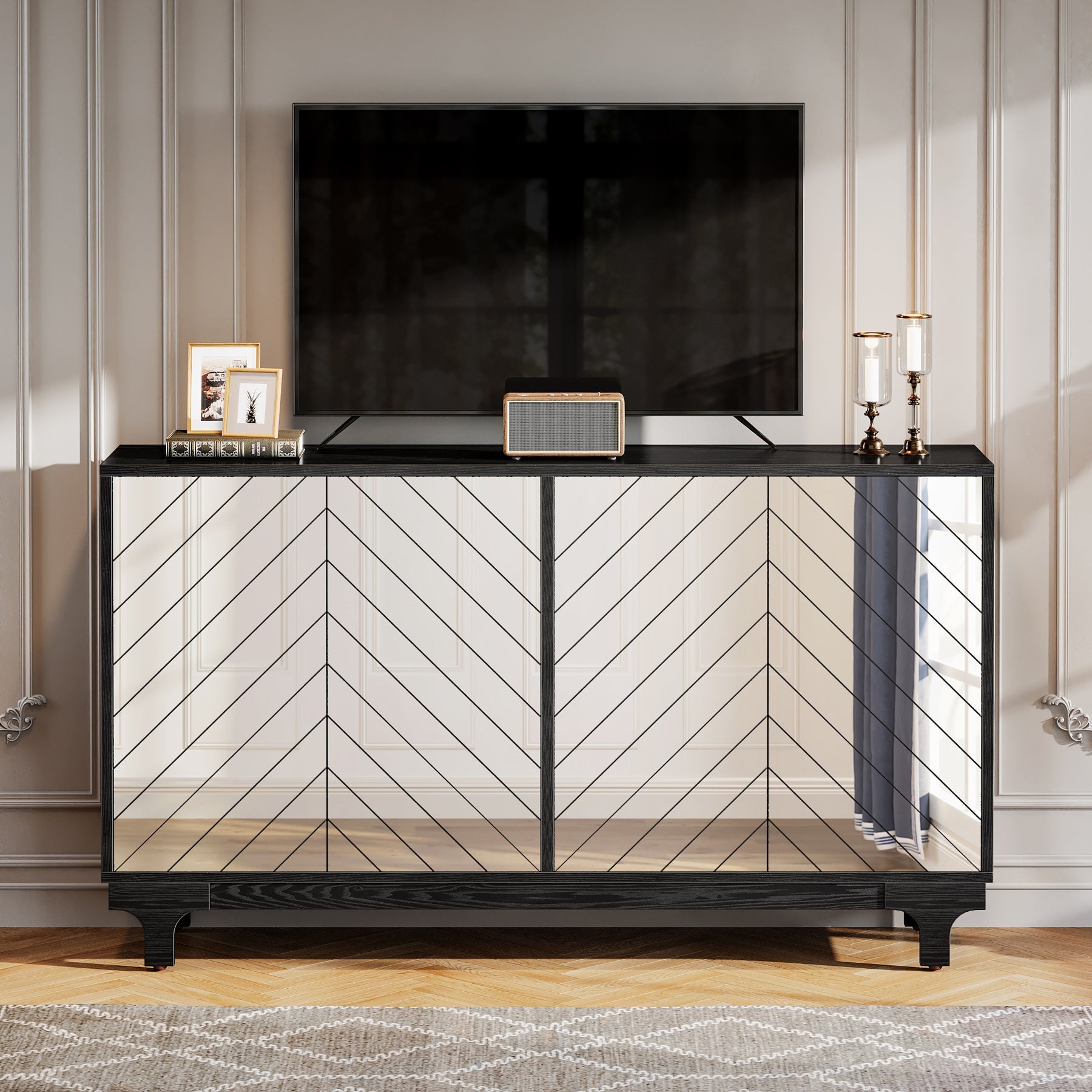 150 cm Sideboard Buffet, Modern Credenzas Storage Cabinet with 4 Acrylic Mirror Doors