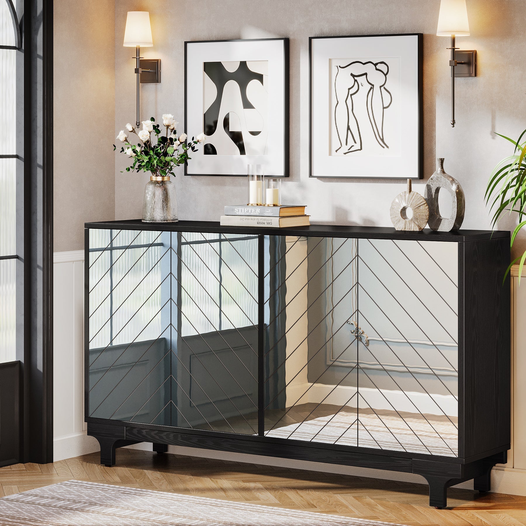 150 cm Sideboard Buffet, Modern Credenzas Storage Cabinet with 4 Acrylic Mirror Doors