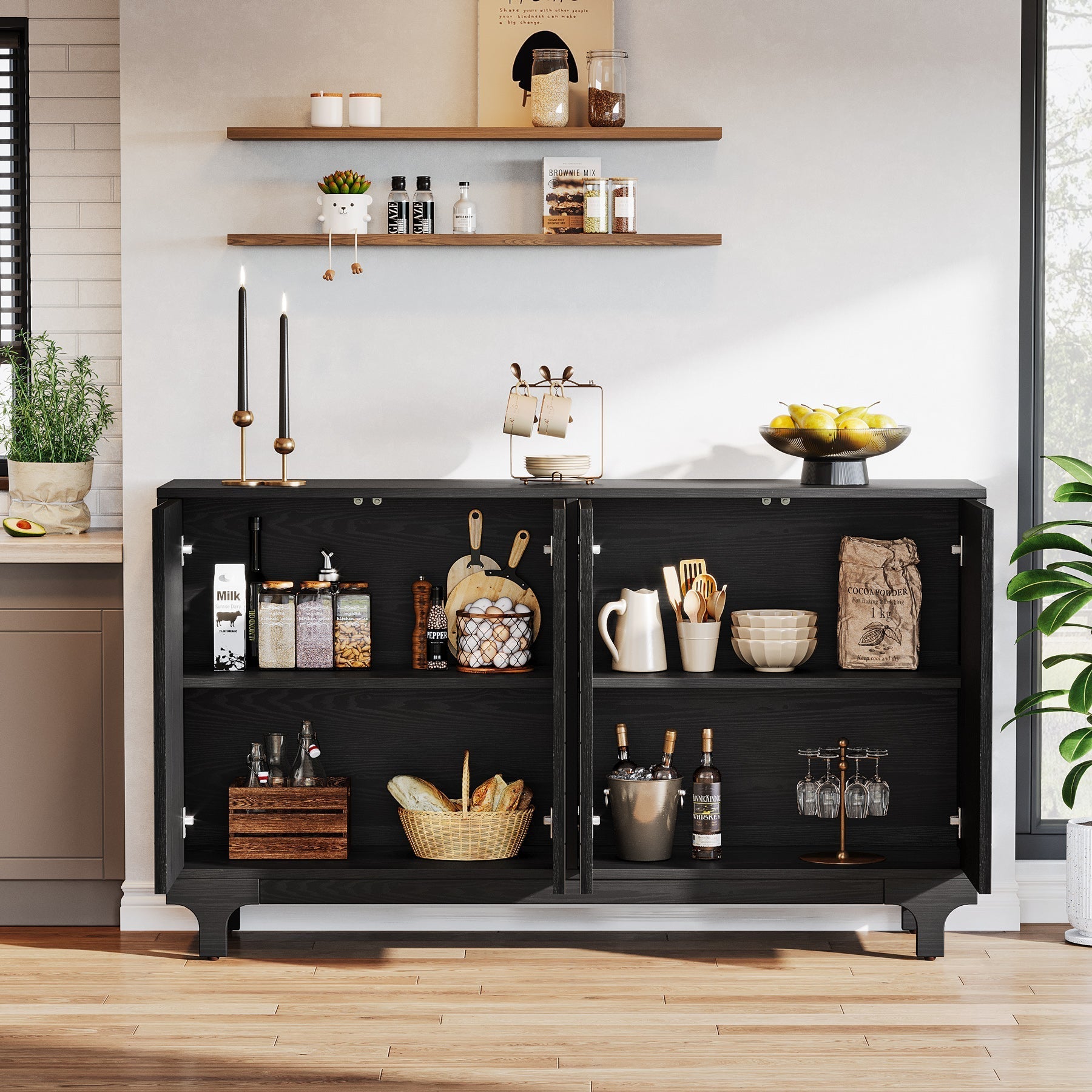 150 cm Sideboard Buffet, Modern Credenzas Storage Cabinet with 4 Acrylic Mirror Doors