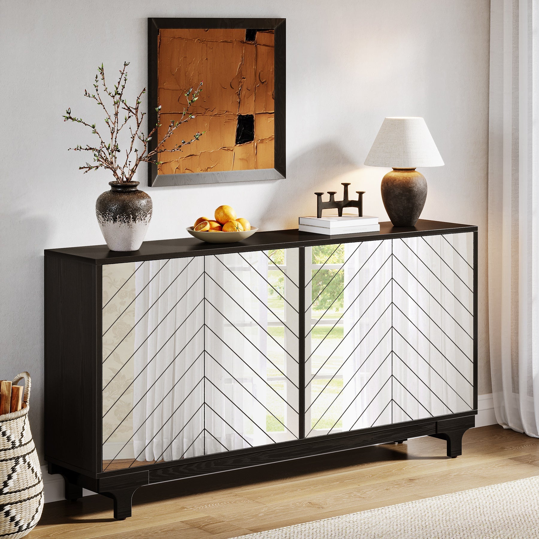 150 cm Sideboard Buffet, Modern Credenzas Storage Cabinet with 4 Acrylic Mirror Doors