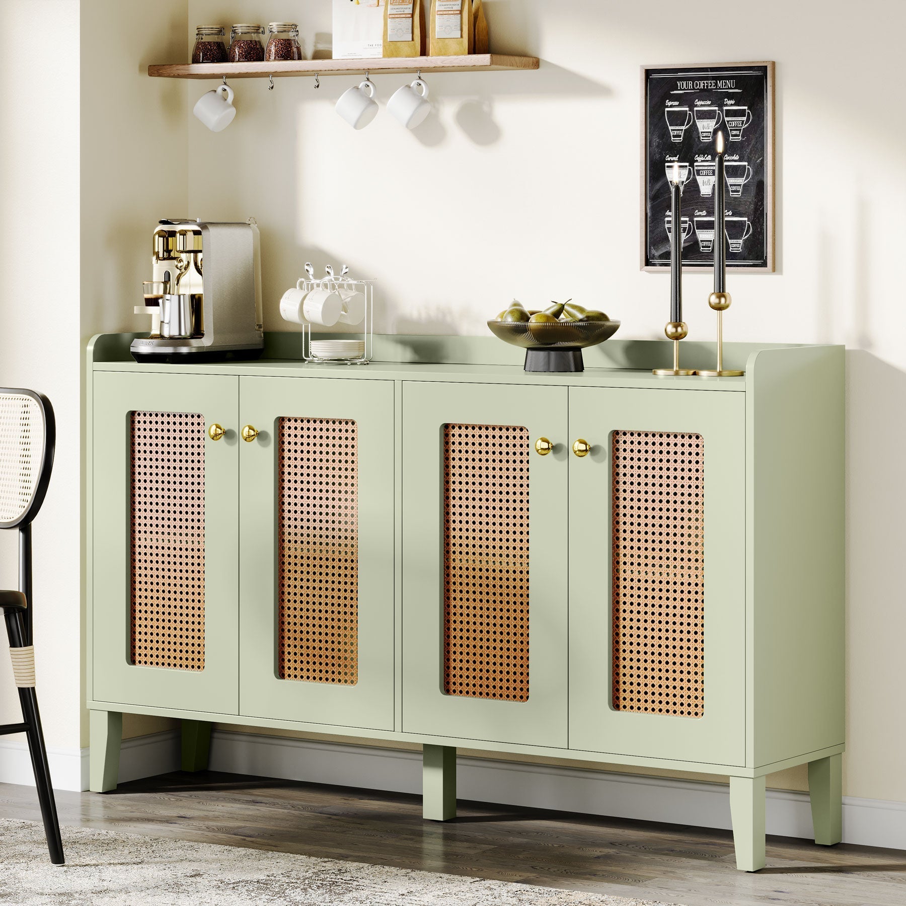 150 cm Sideboard Buffet, Rattan Wood Storage Cabinet with Storage Shelves