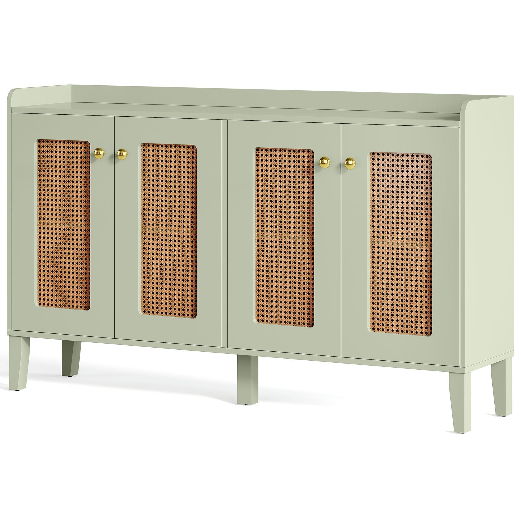 150 cm Sideboard Buffet, Rattan Wood Storage Cabinet with Storage Shelves