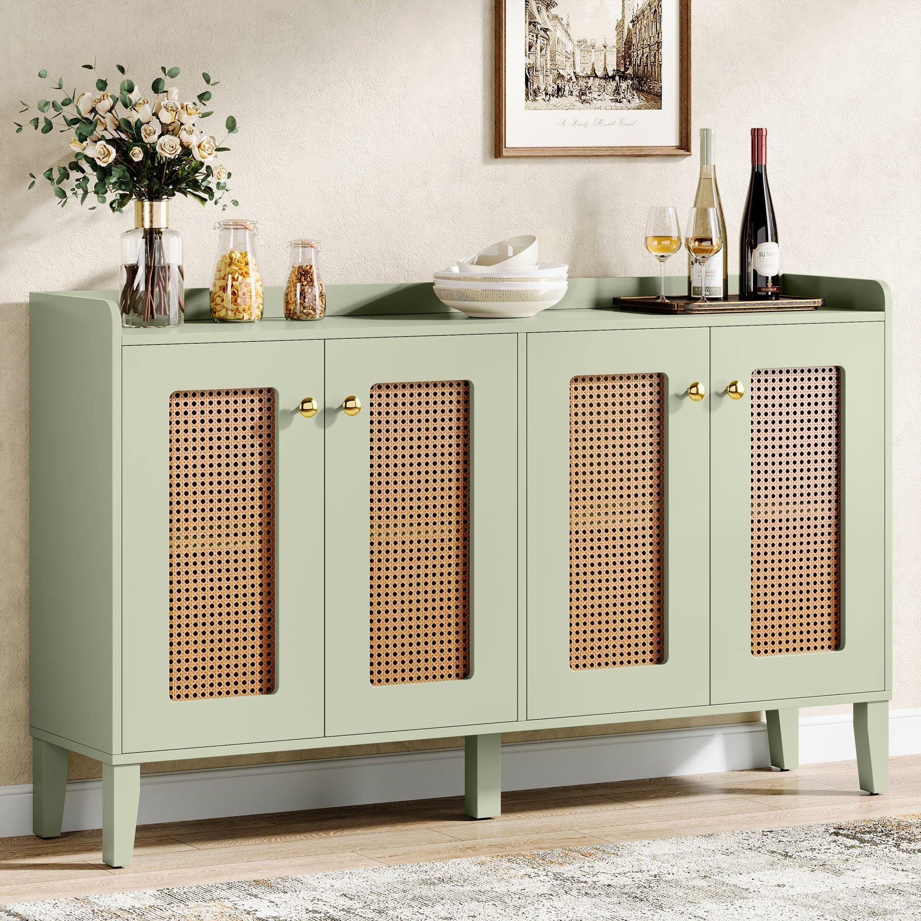 150 cm Sideboard Buffet, Rattan Wood Storage Cabinet with Storage Shelves