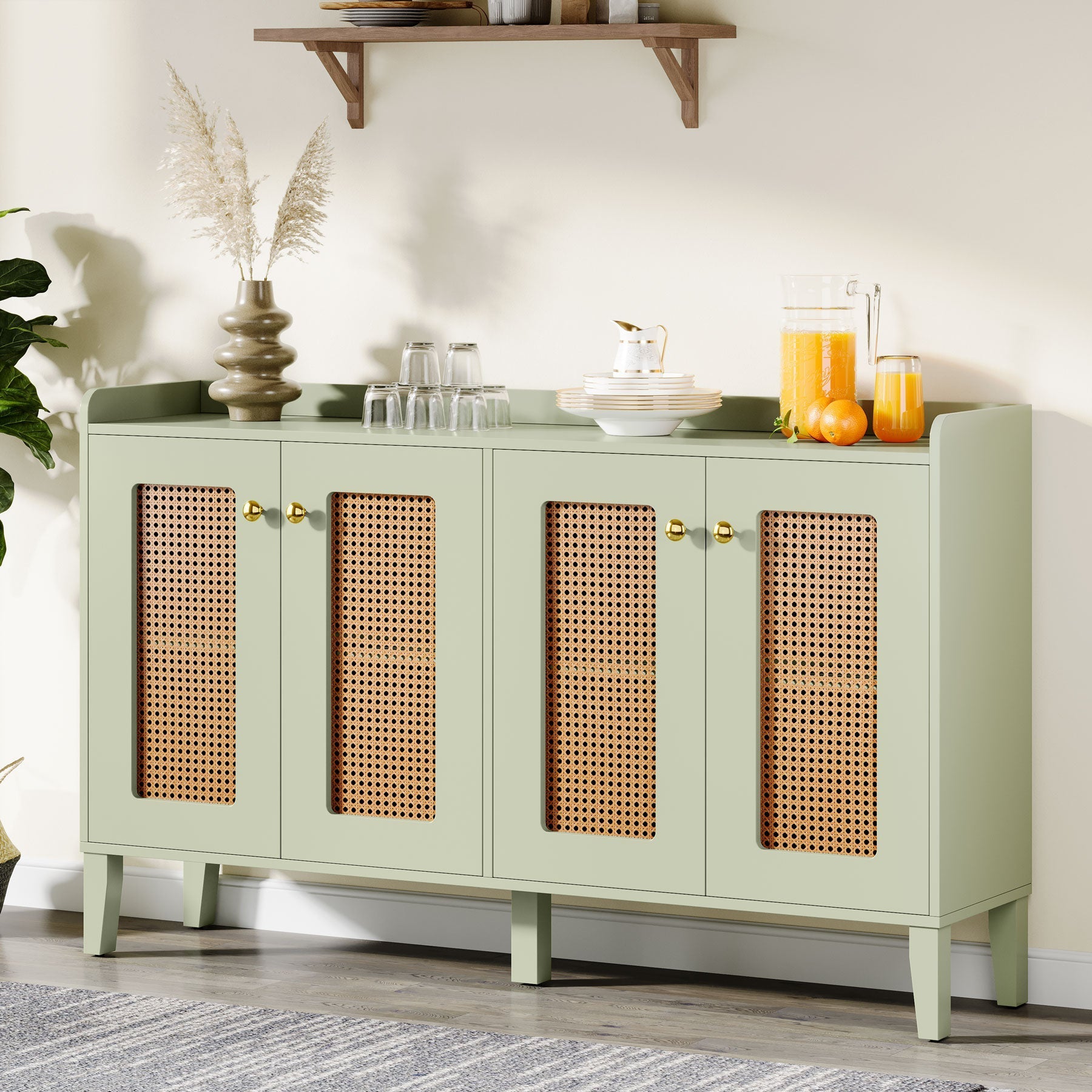 150 cm Sideboard Buffet, Rattan Wood Storage Cabinet with Storage Shelves