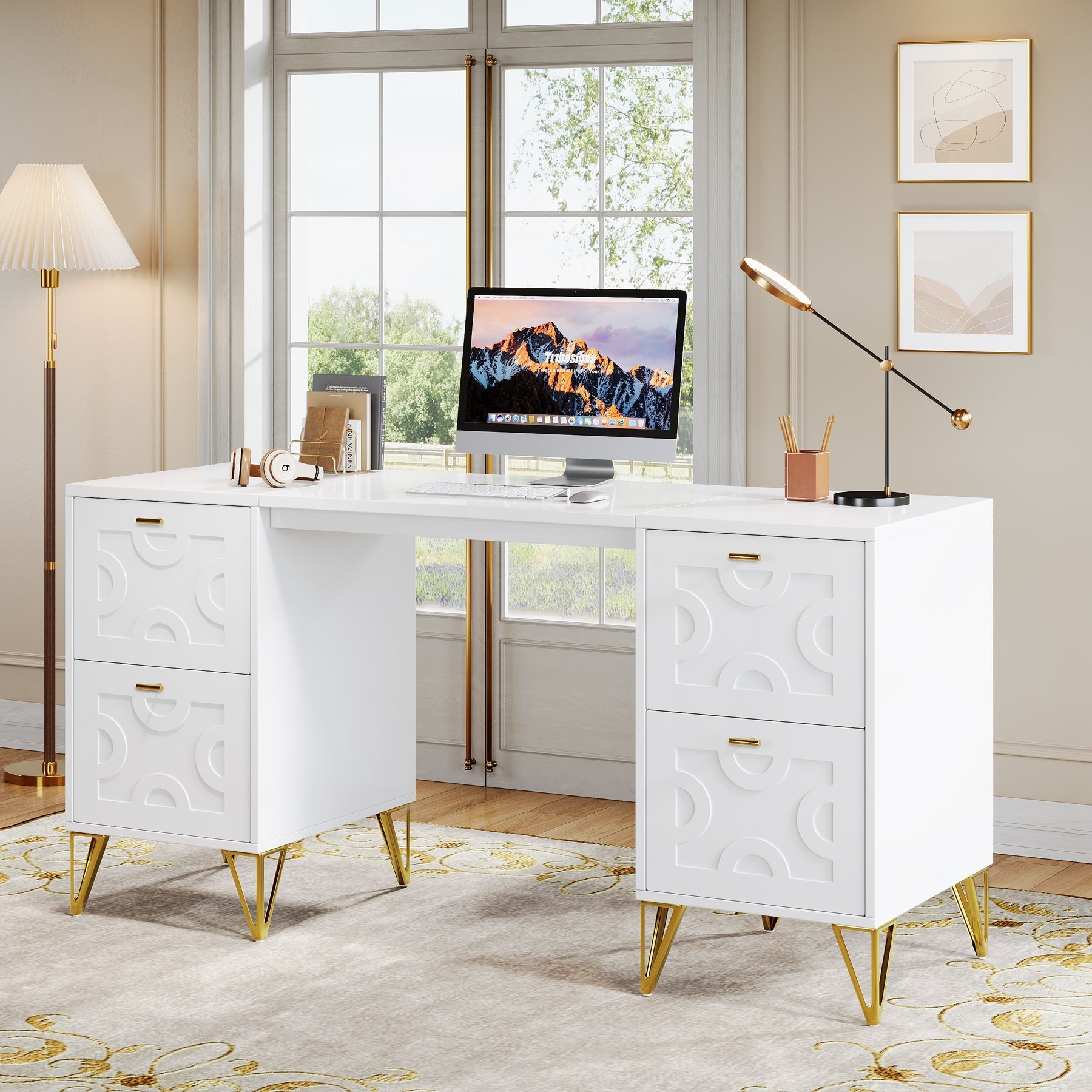 150 cm White Computer Desk with File Drawers, Wood Executive Desk for Home Office