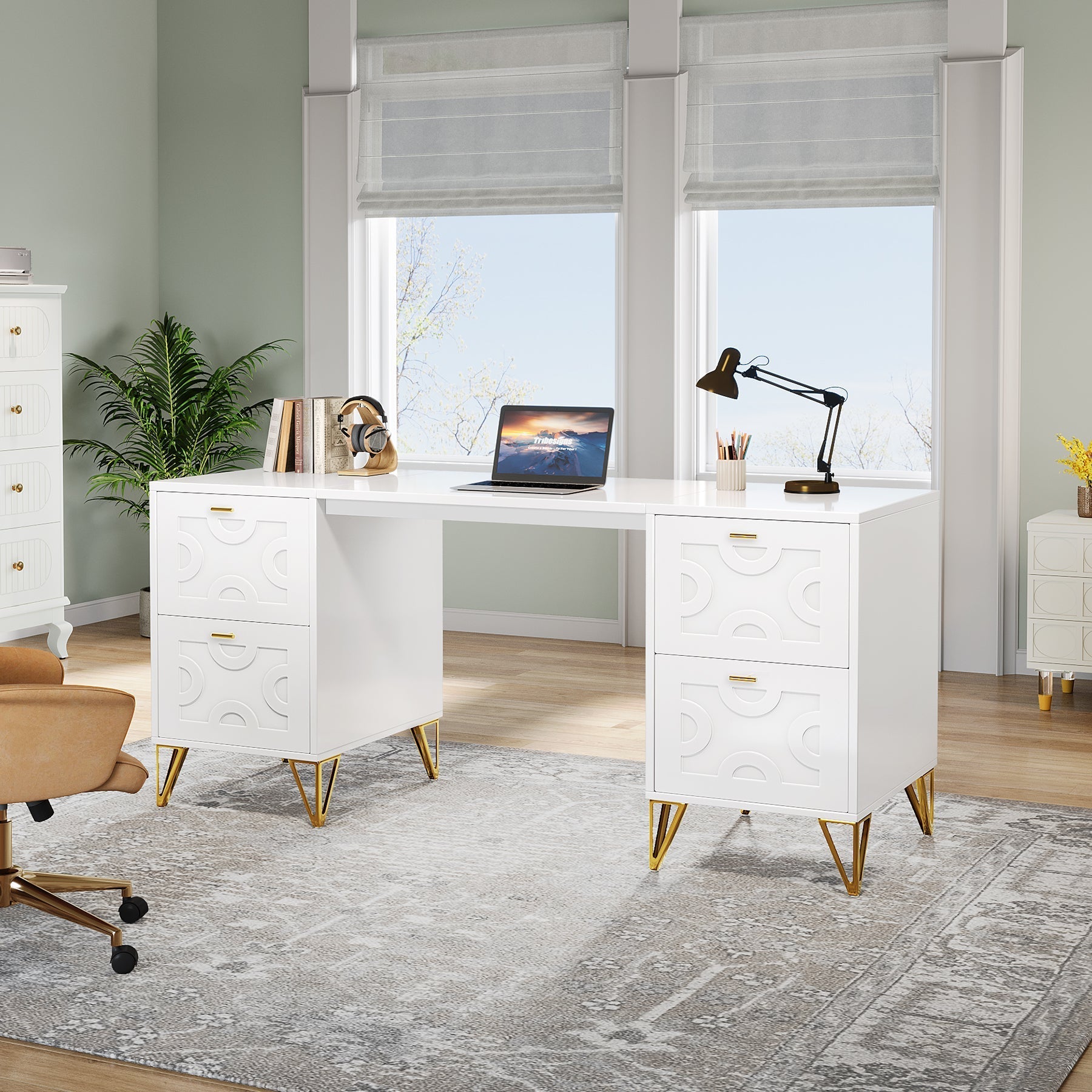 150 cm White Computer Desk with File Drawers, Wood Executive Desk for Home Office