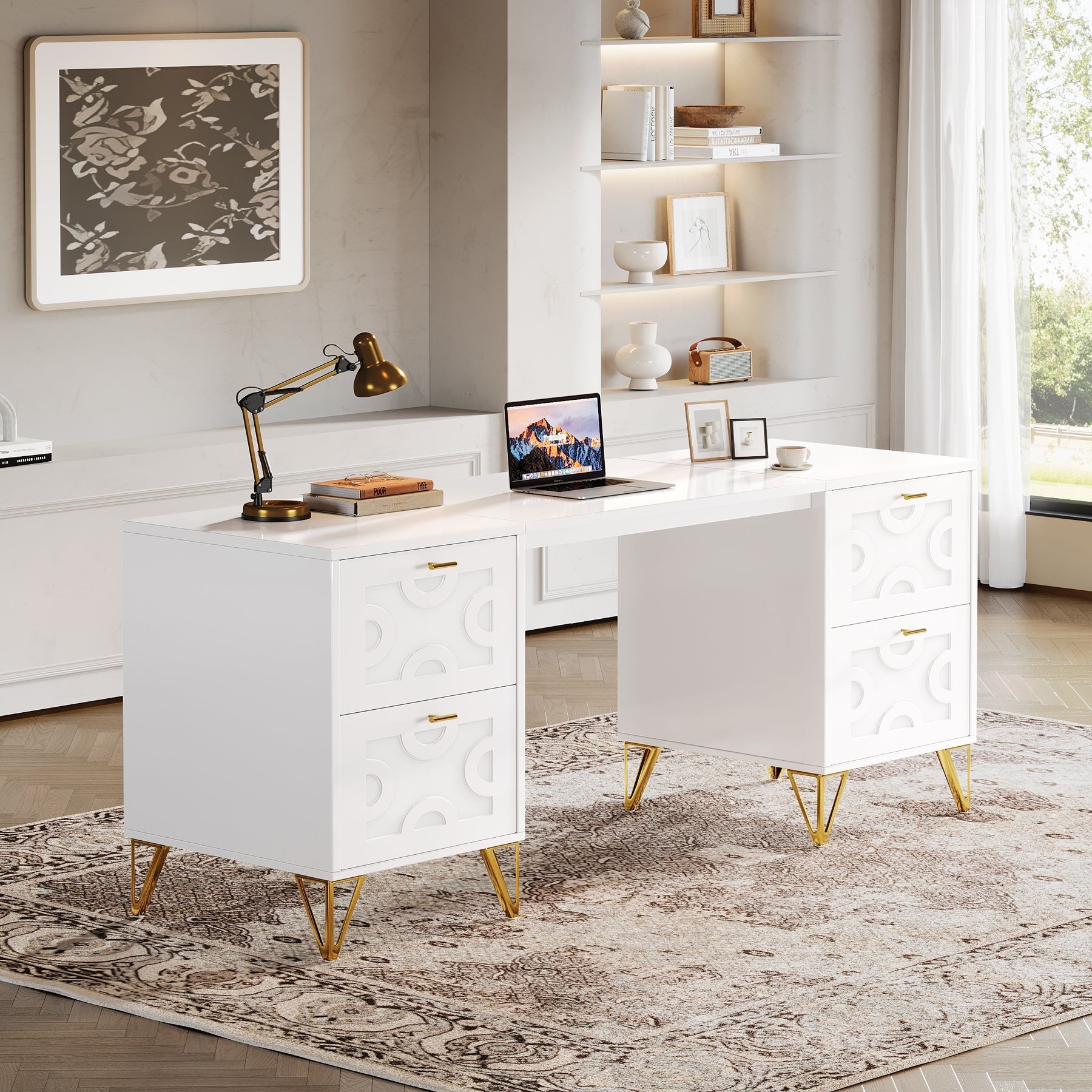 150 cm White Computer Desk with File Drawers, Wood Executive Desk for Home Office