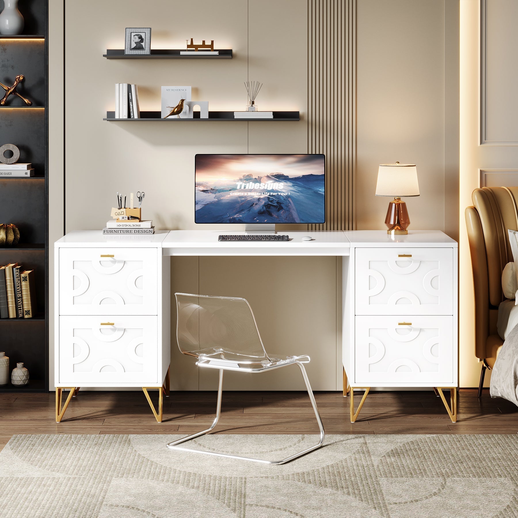 150 cm White Computer Desk with File Drawers, Wood Executive Desk for Home Office