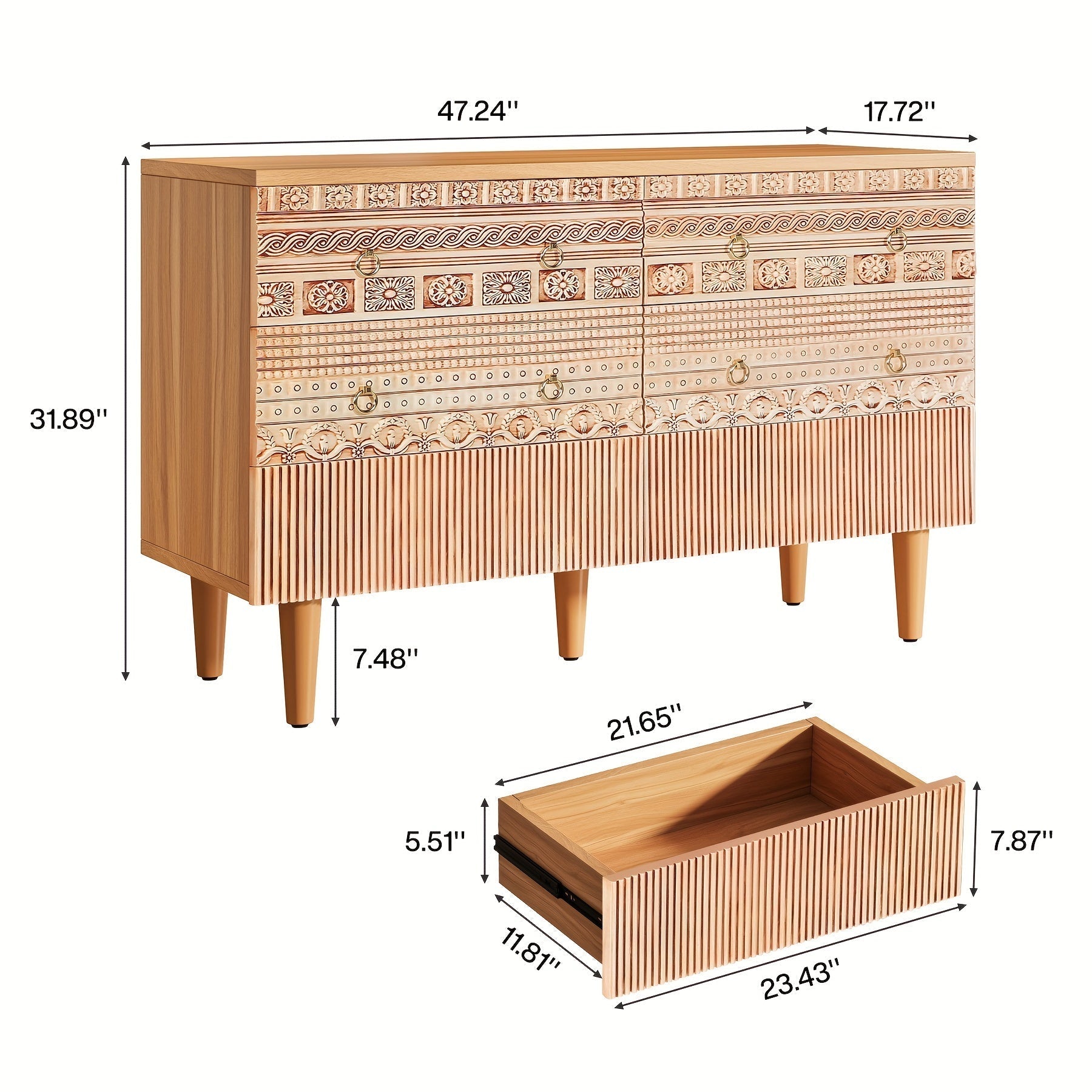 120cm Boho Accent Dresser, Double Wide Chest Of Drawers With 6 Carved Drawers, 6-Drawer Dresser Wooden Storage Dresser With Golden Metal Handles & Legs For Bedroom, Living Room