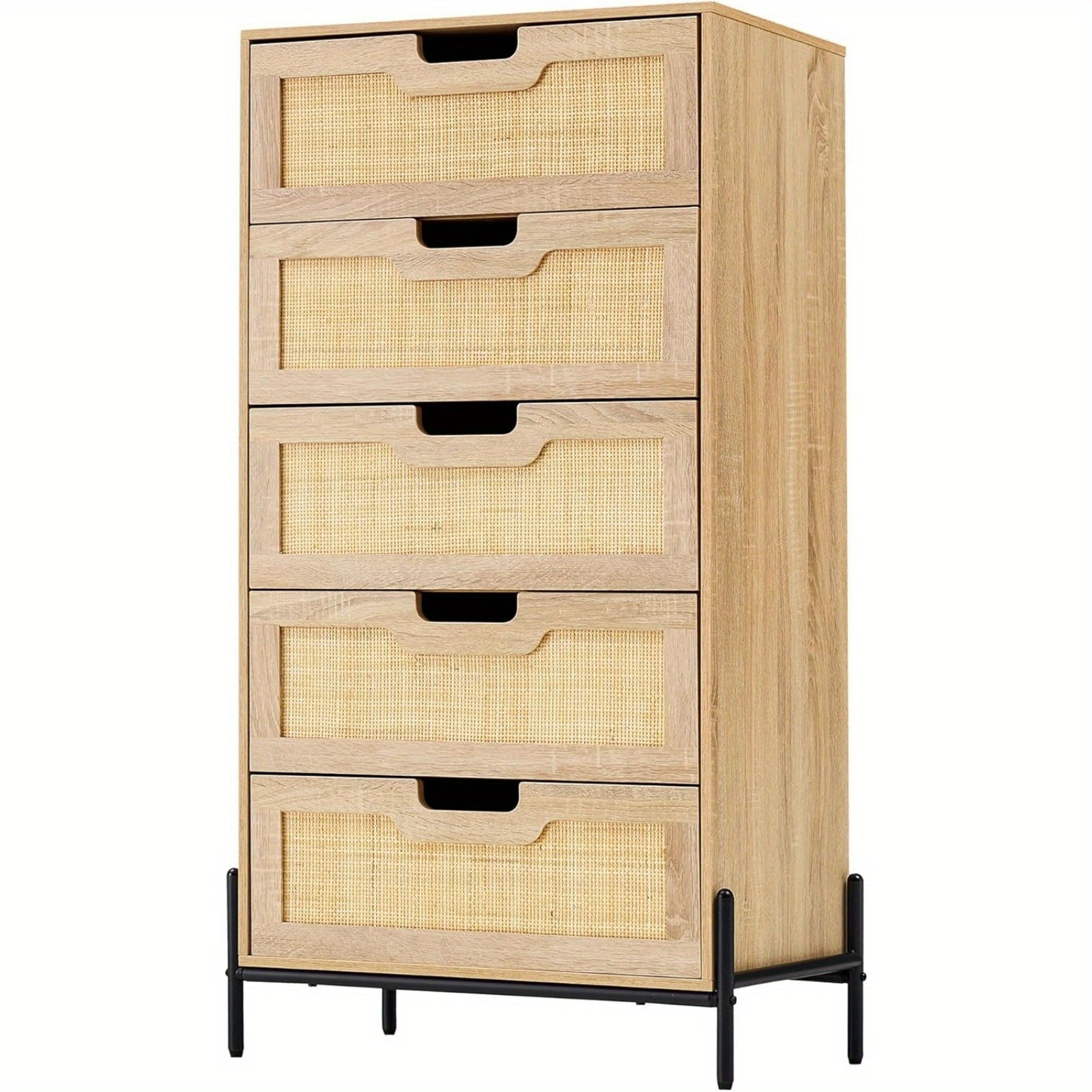 Natural Rattan 5 Drawer Dresser, Chest of Drawer, Farmhouse Storage Cabinet with Solid Metal Legs, Modern Storage Unit for Bedroom, Living Room, Entryway, Oak