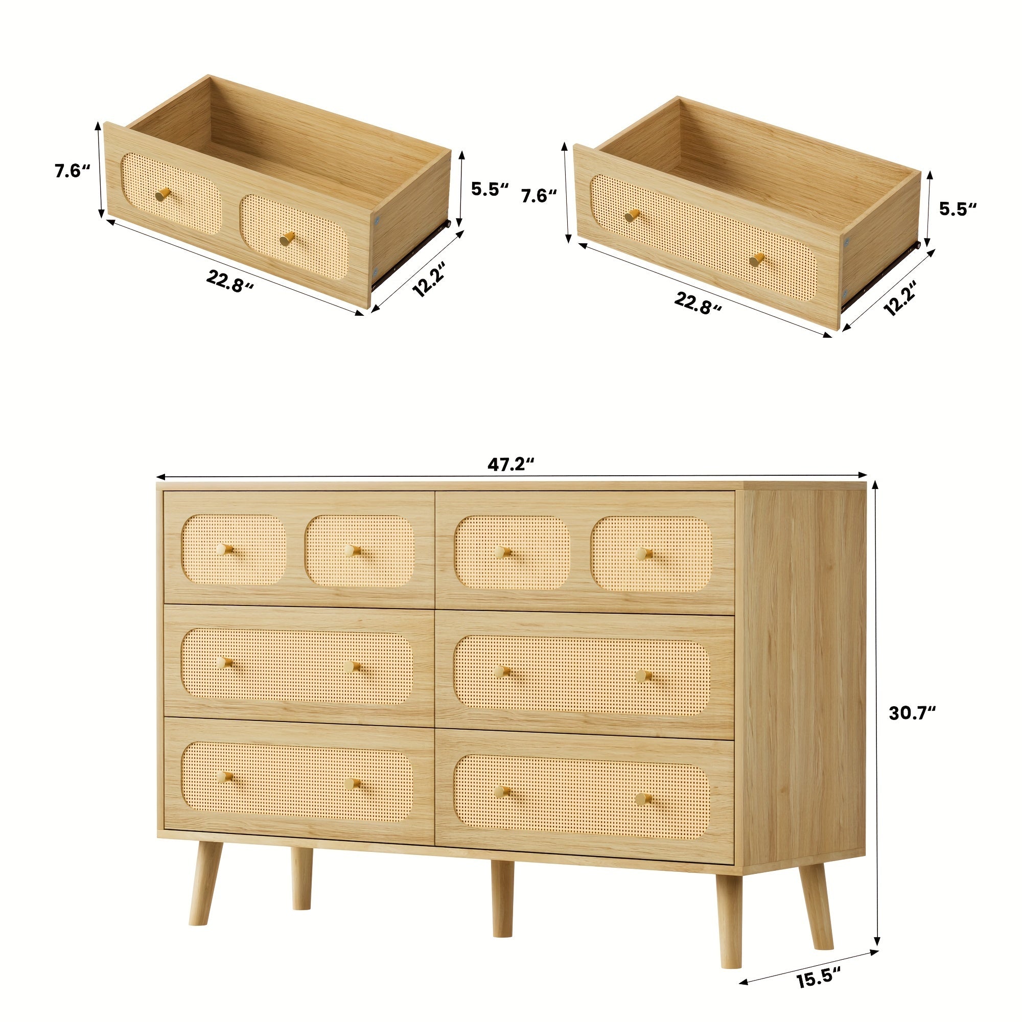 Rattan 6 Drawer Dresser For Bedroom, Wood Boho Double Chest Of Drawers With Storage And Golden Handle, Modern Natural Rattan Dresser For Living Room, Hallway, Entryway