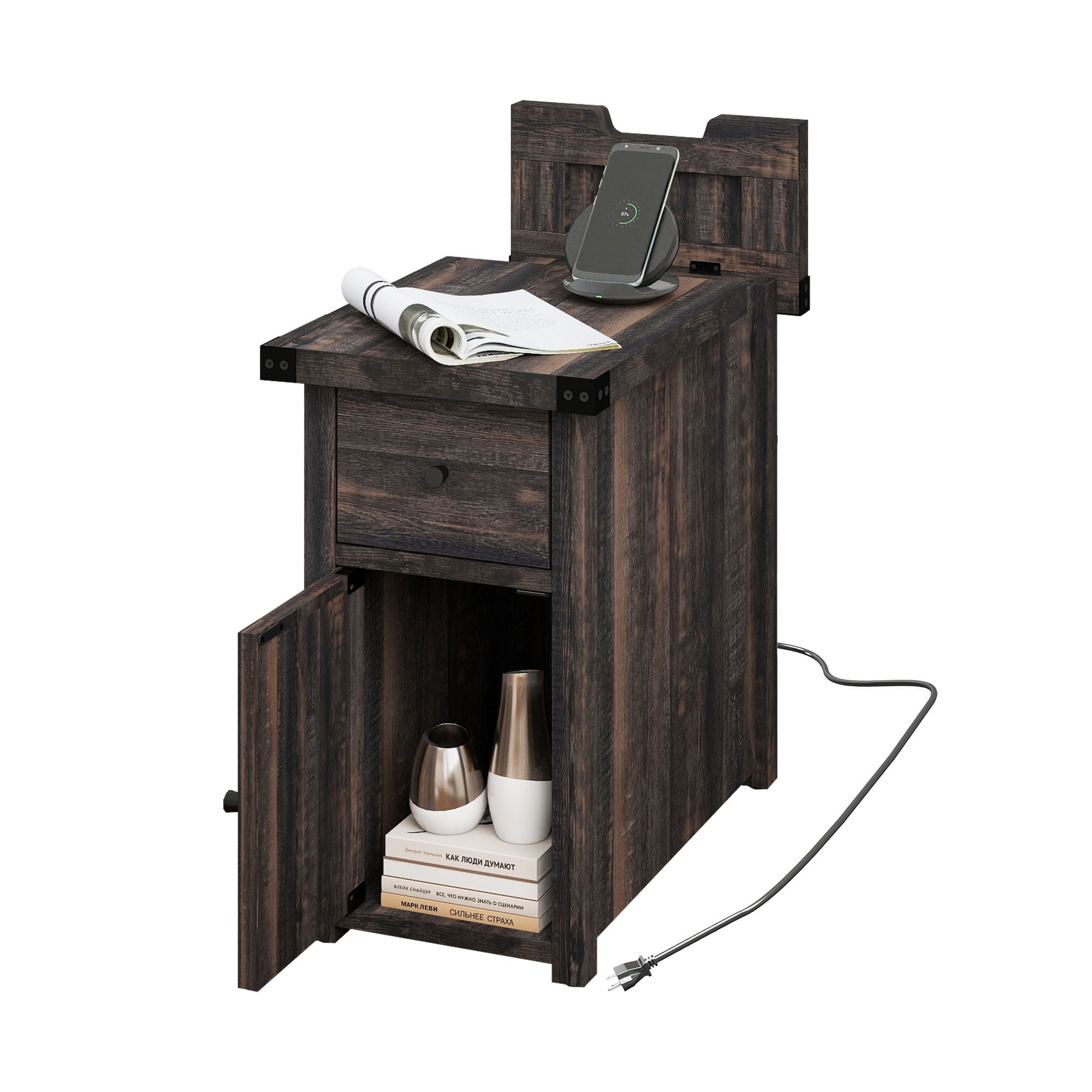 Rustic Farmhouse Dark Oak End Table with Drawer - Charging Station, USB Ports & Flip-Top Design for Bedroom and Living Room Decor