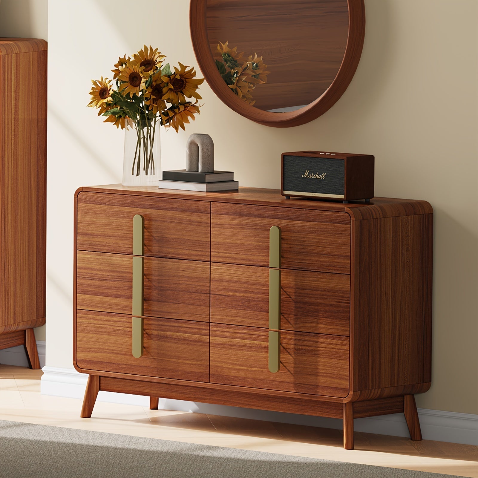 Mid-Century Modern 5/6 Drawer Dresser - Cherry Wood Finish, 47.2" Tall with Metal Handles for Bedroom, Living Room & Entryway