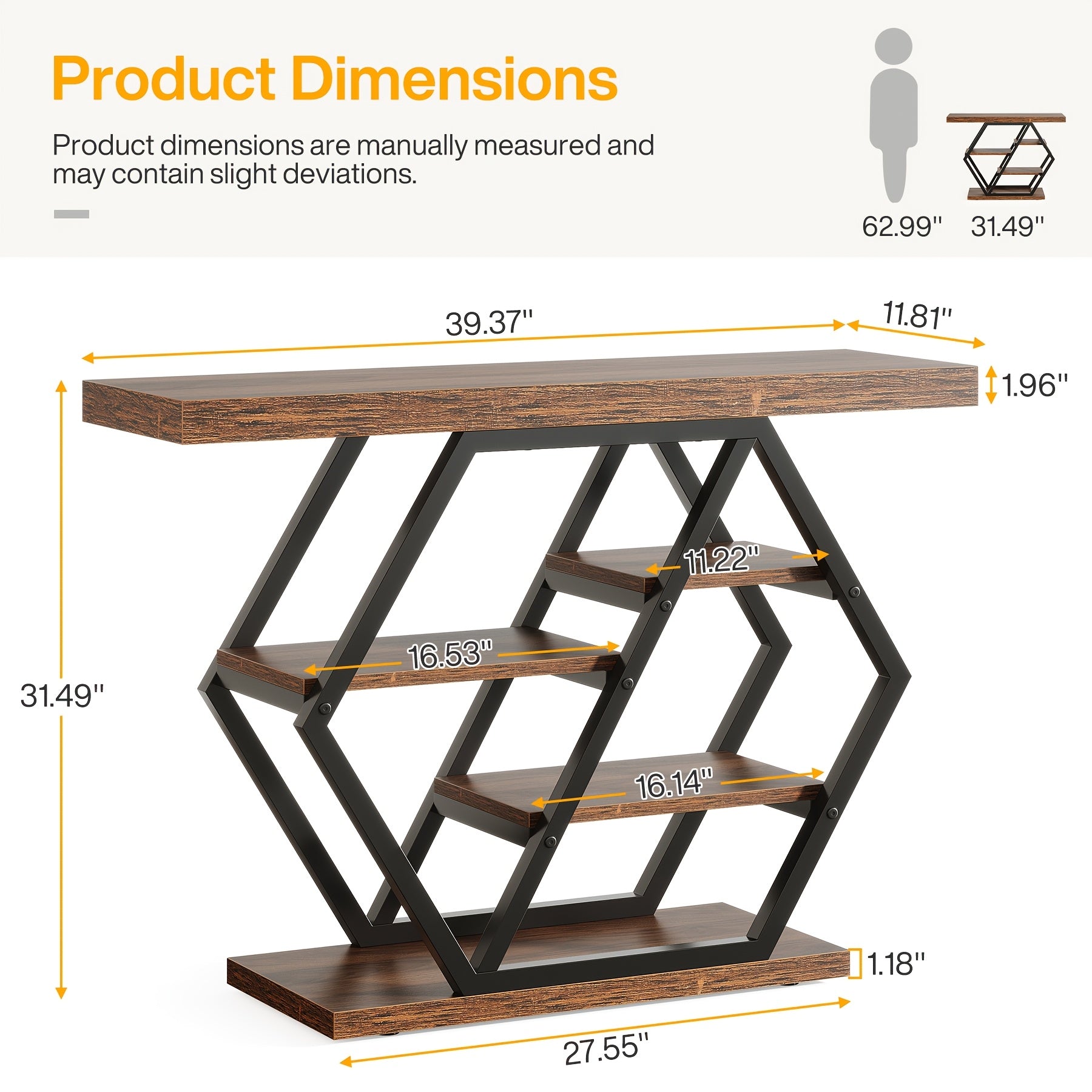 100 cm Brown Rectangle Wood Console Table, 5-Tier Sofa Table Storage Behind Sofa Entryway Couch Accent Wall Console Home