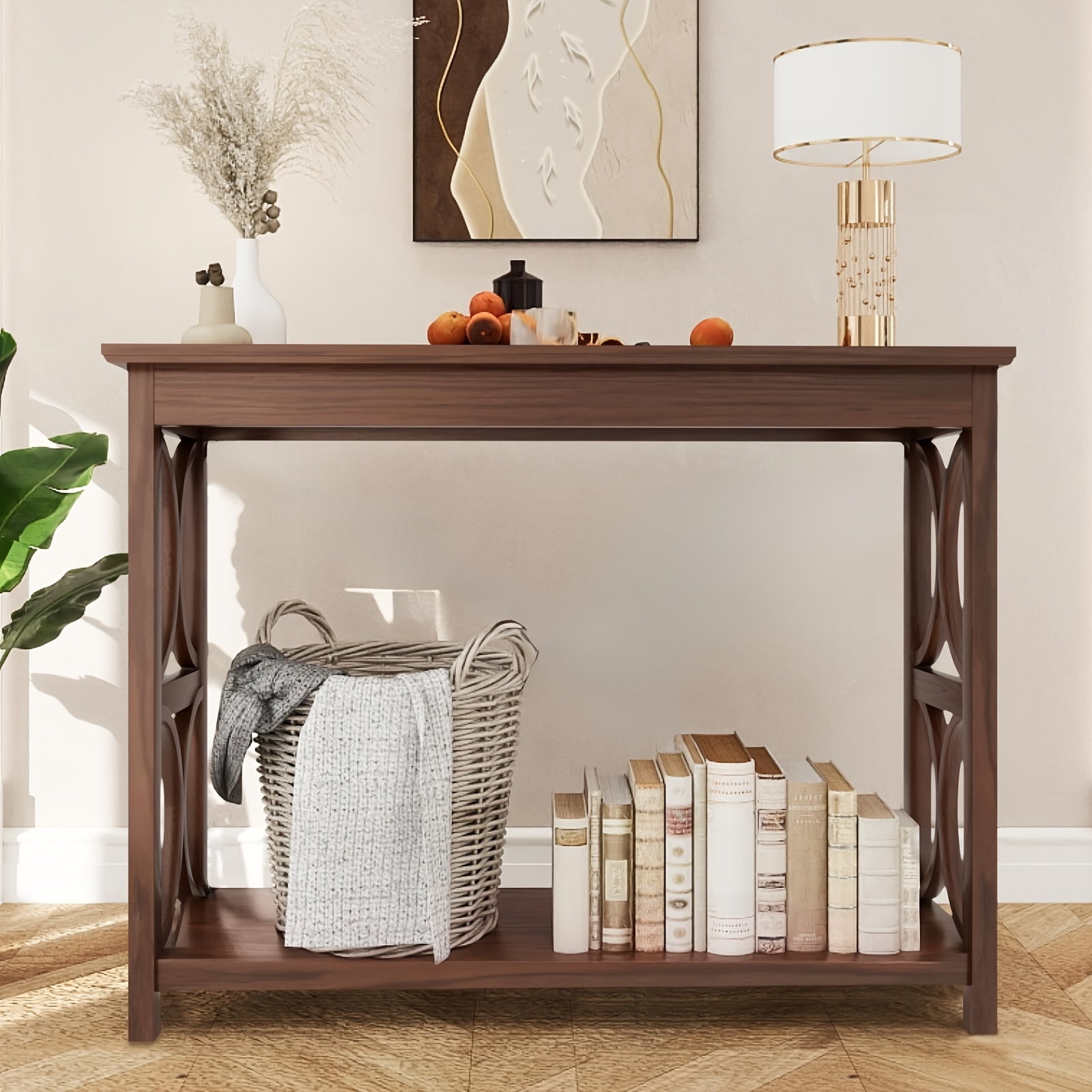 Entryway Console Table, Modern Farmhouse Narrow Console Table with 2-Tier Storage Shelves and Metal X-Frame Back Support, Decorative Entryway Table for Living Room, Foyer, and Hallway (in cm)