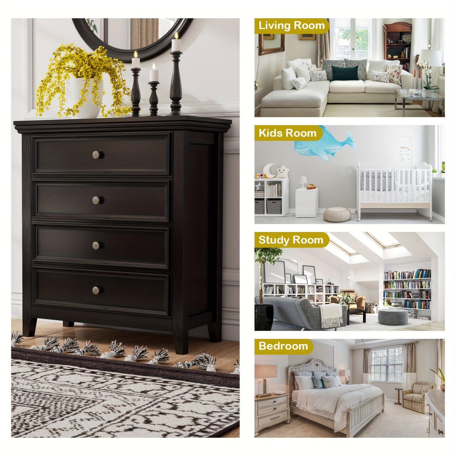 Black Dresser for Bedroom, 4 Chest of Drawers, Modern Drawer Dresser, Wooden White Black Dresser for living room, hallway