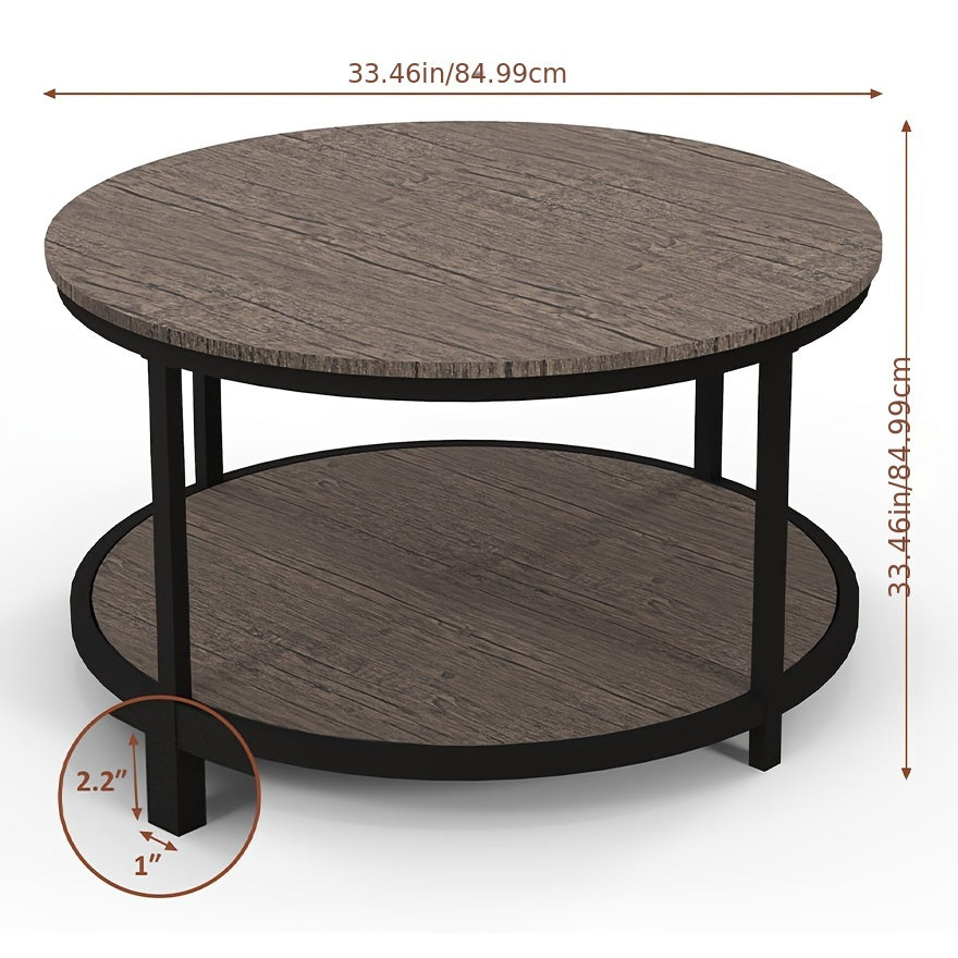 Round Coffee Table, 86cm Coffee Table For Living Room With 2-Tier Storage Shelf, Modern Wood Desktop Open Storage Compartment For Bedroom Home Office (Walnut)