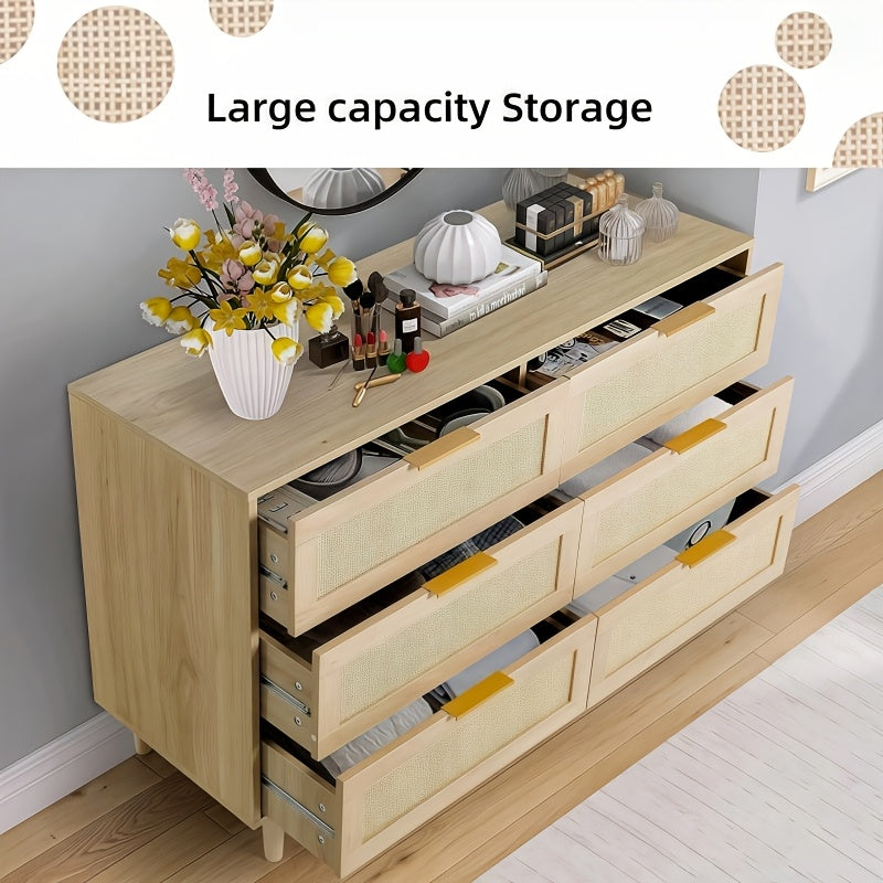 Spacious 110cm Boho Chic Rattan Dresser with Elegant Golden Handles - 6-Drawer Storage Solution, Natural Wood Finish, Versatile for Bedroom, Living Room, or Entryway Decor