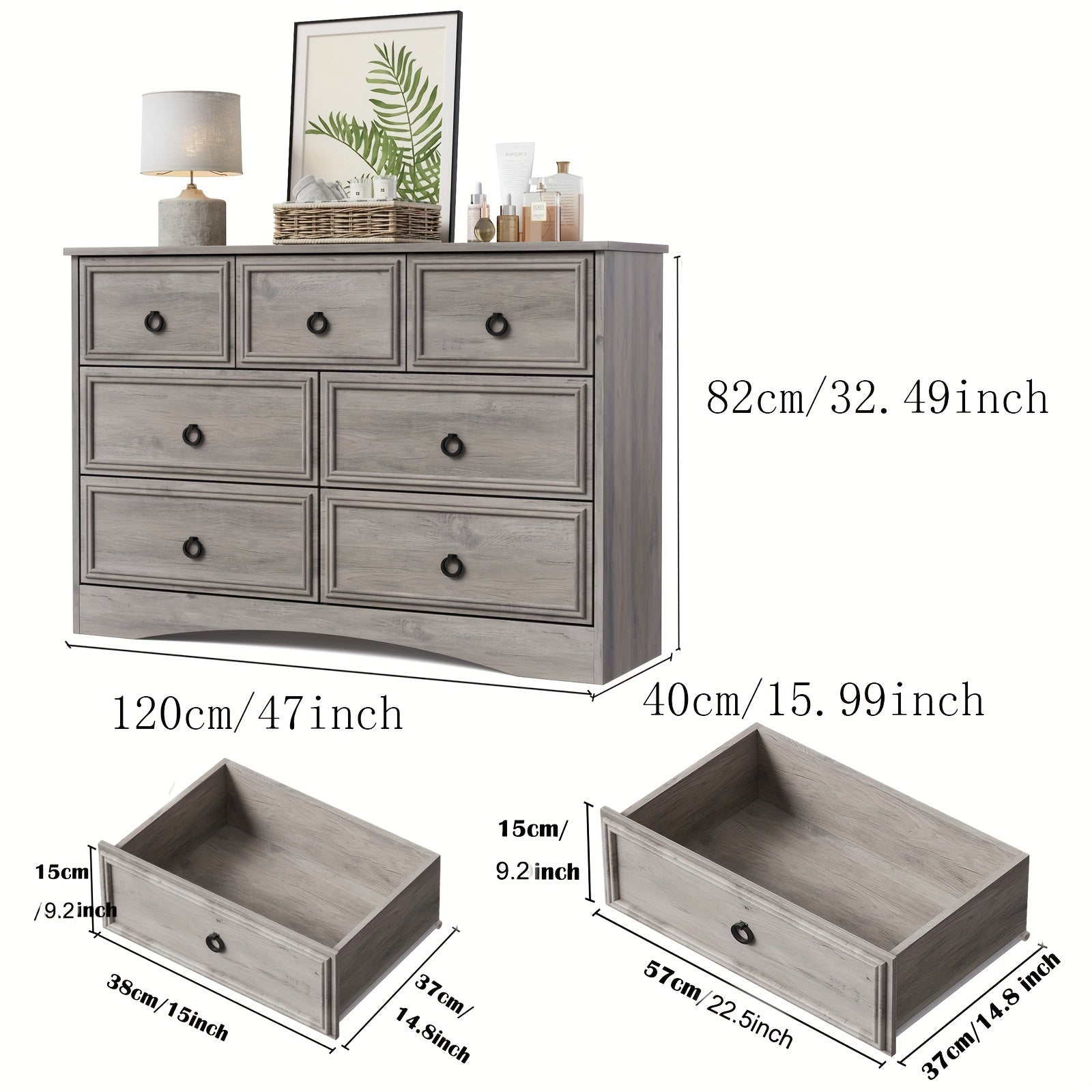 Gray Dresser for Bedroom with 7 Drawers, Modern Farmhouse Wide Chest of Drawers, Storage Organizer Unit with Metal Slides & Drawer Bottom Support for Closet, Living Room, Hallway