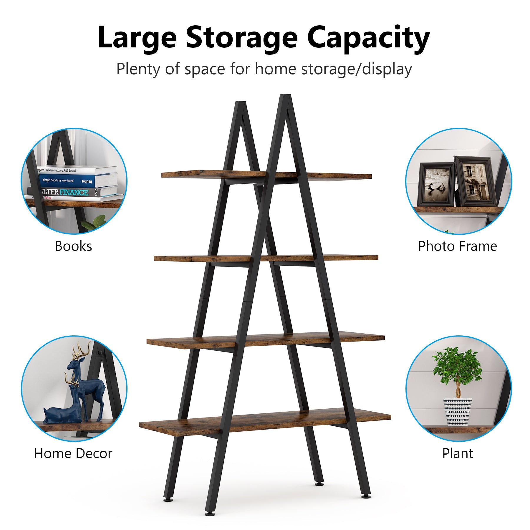 4-Tier Bookshelf, A-Shaped Bookcase Industrial Ladder Display Shelf (Approx. 102 cm)