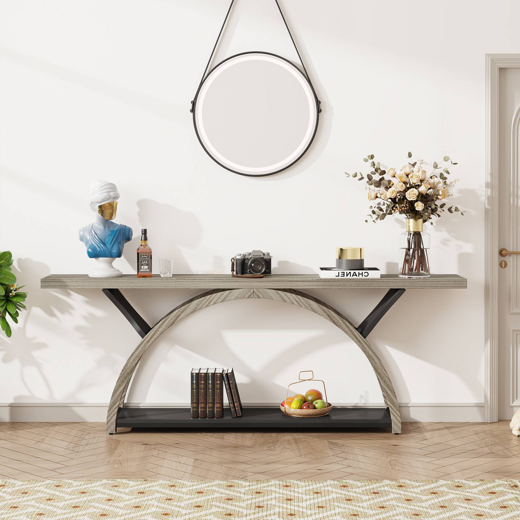 2-Tier Console Table, 180 cm Entryway Table with Half Moon Frame