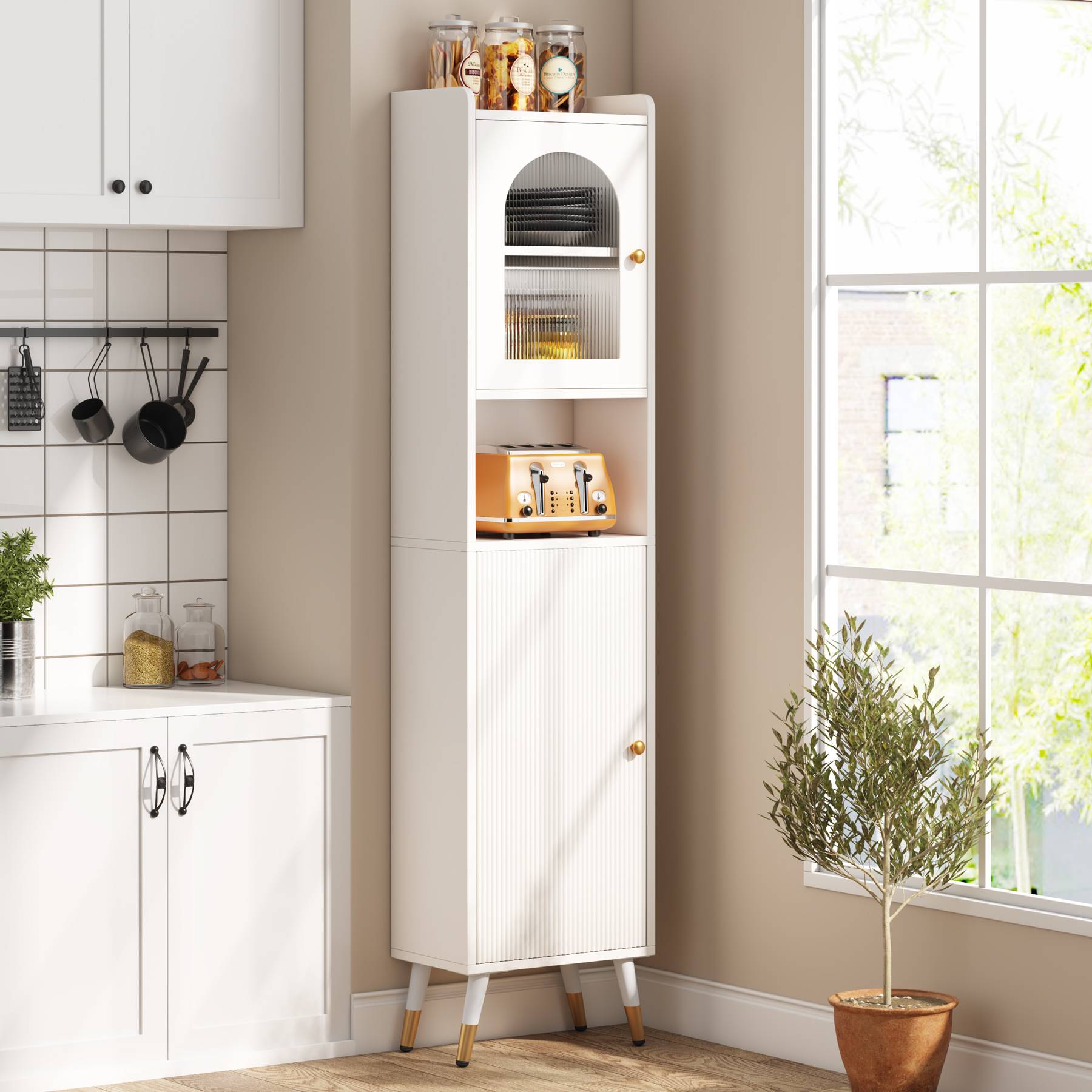 Narrow Storage Cabinet, 170 cm Bathroom Cabinet with 2 Doors and 6 Shelves