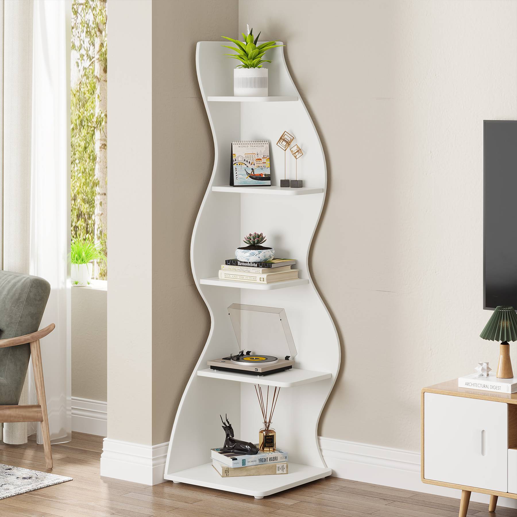 5-Tier Corner Shelf, Modern Wall Corner Bookshelf Bookcase (Converted to cm)