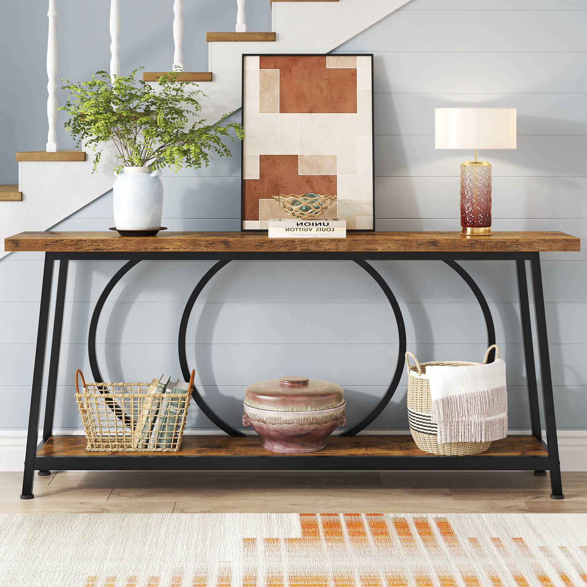 2-Tier Console Table, 180 cm Sofa Entryway Table with Storage Shelves