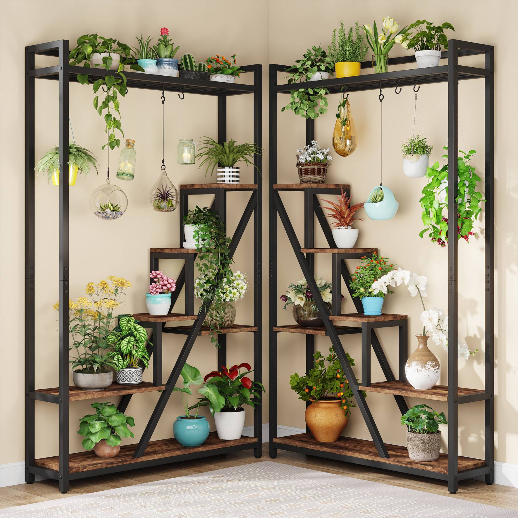 7-Tier Plant Stand, 180 cm Tall Flower Plant Shelf with 5 S-Hooks