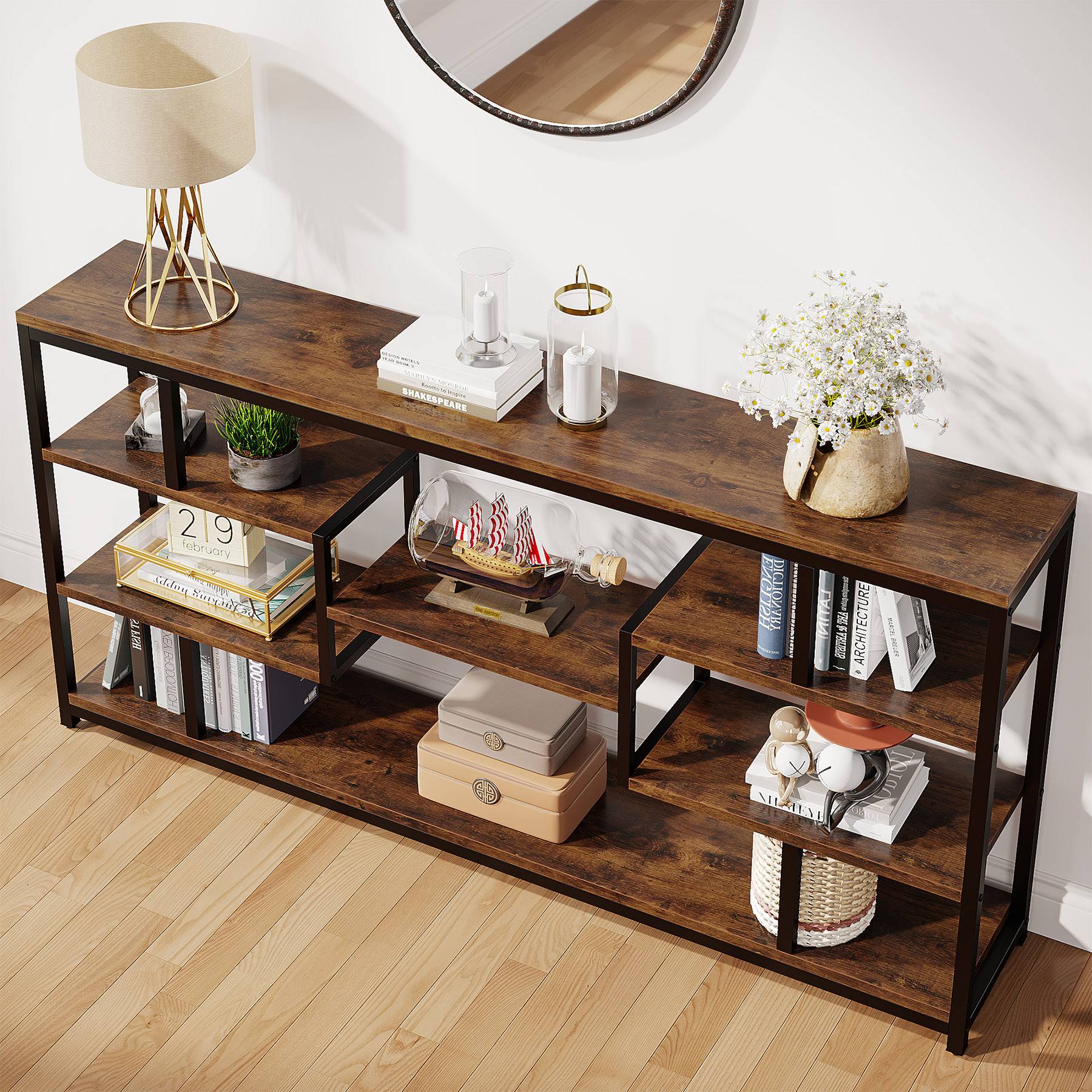 180 cm Console Table, Narrow Sofa Entryway Table with Open Storage Shelves