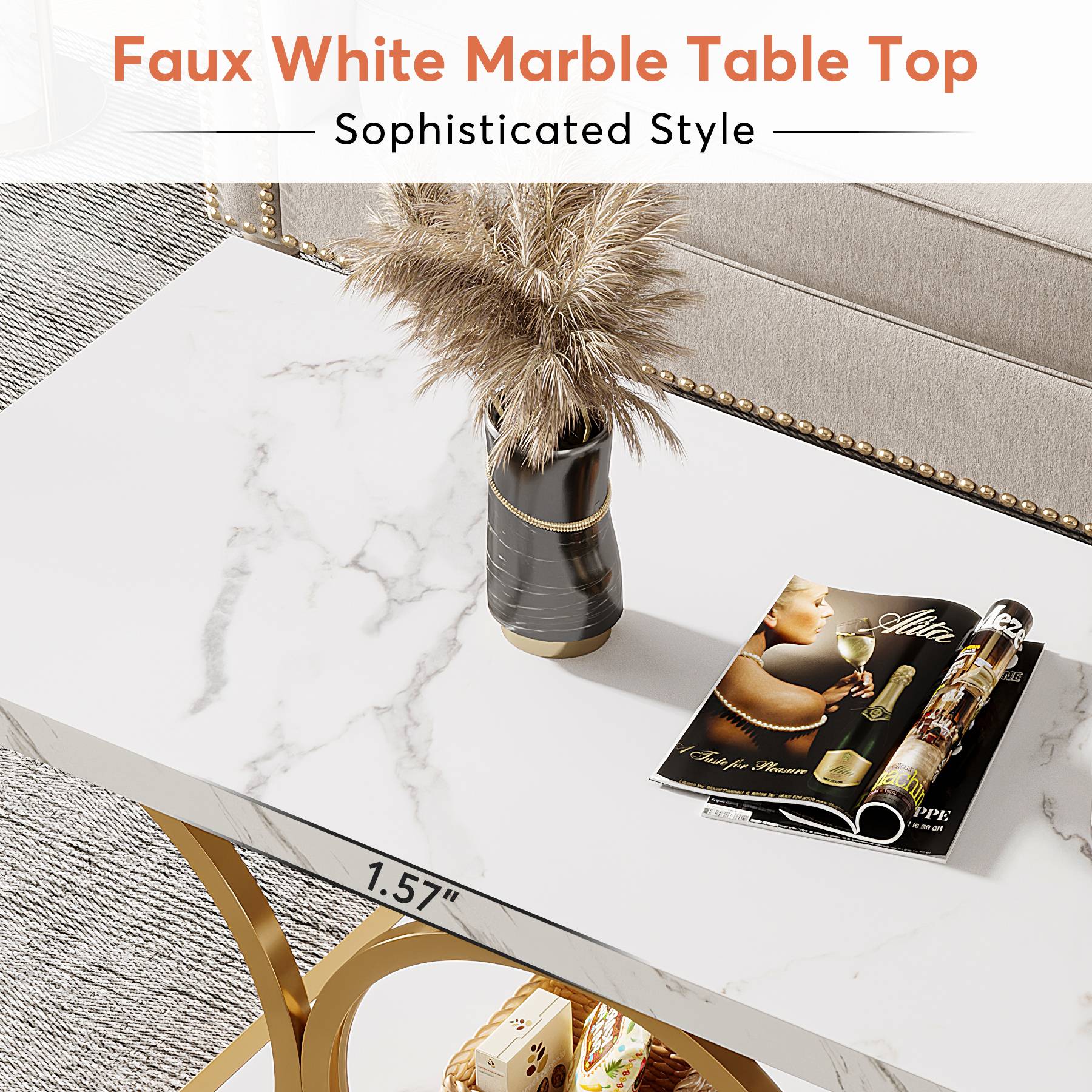 Rectangle Coffee Table, 120 cm Center Table with Faux Marble Top