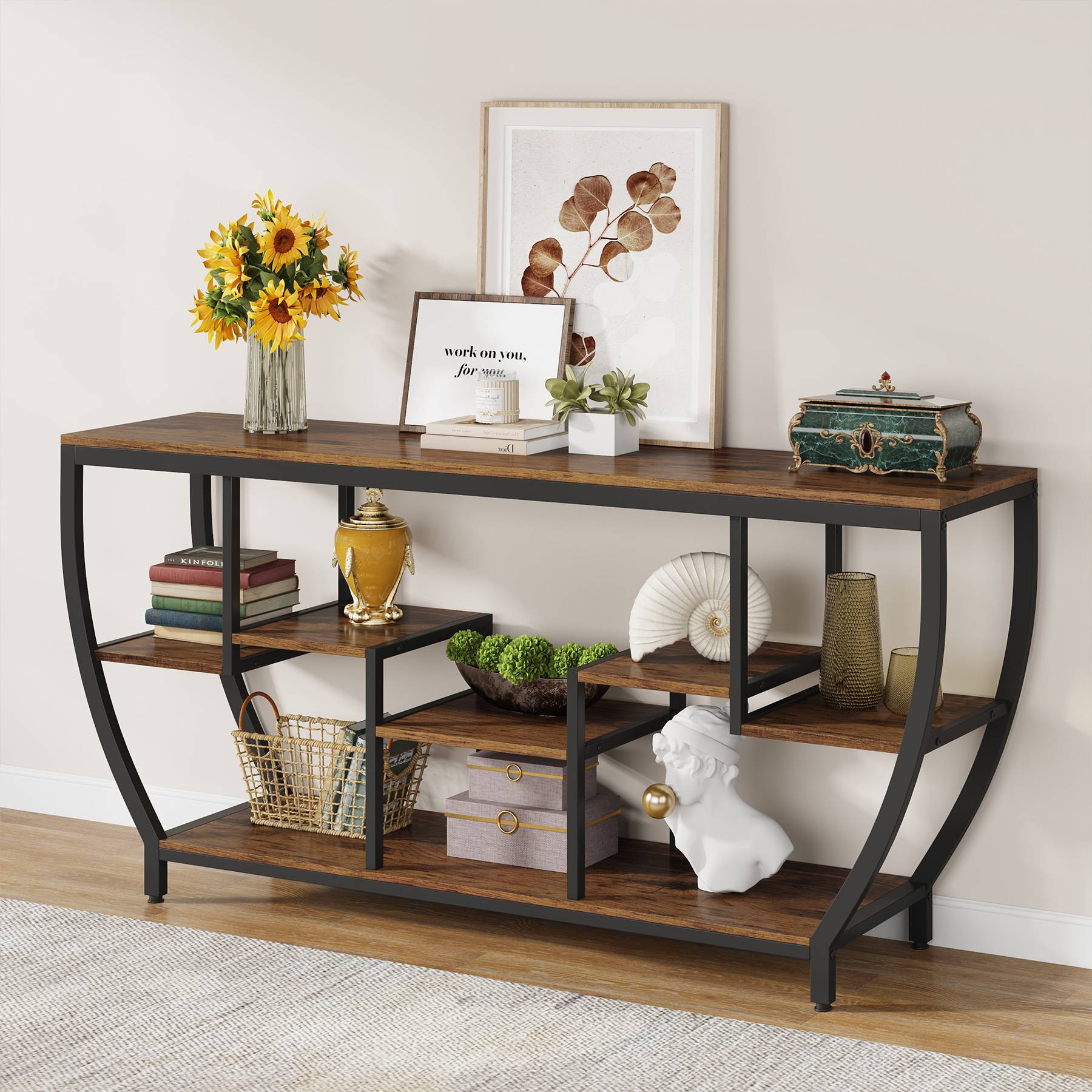 Industrial Console Table, 180 cm Entryway Sofa Table with Shelves